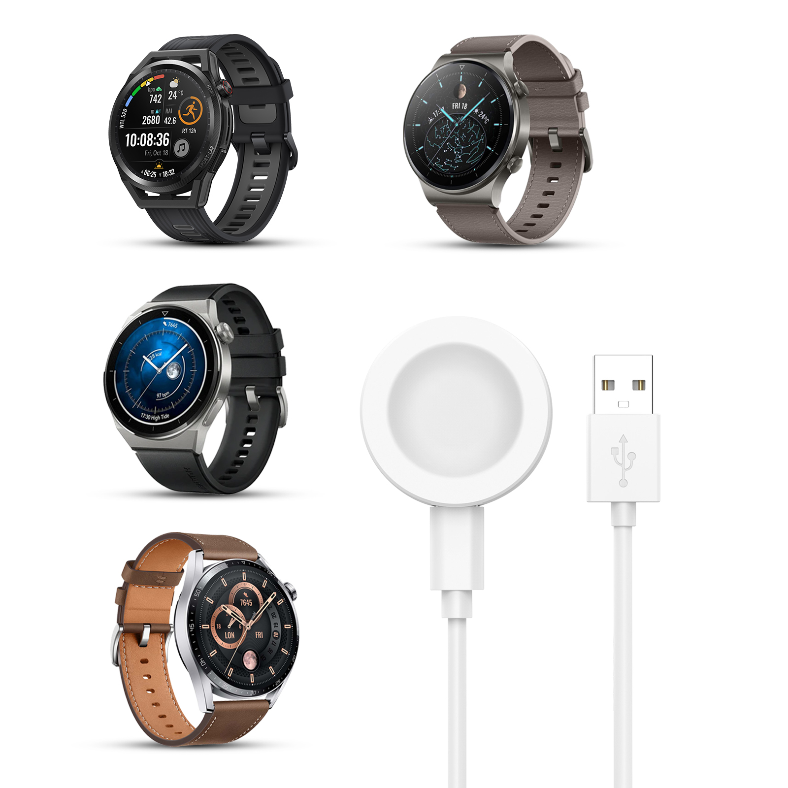 Sortiment an Smartwatches und Ladezubehör. Verschiedene Uhrendesigns, weißer Hintergrund.