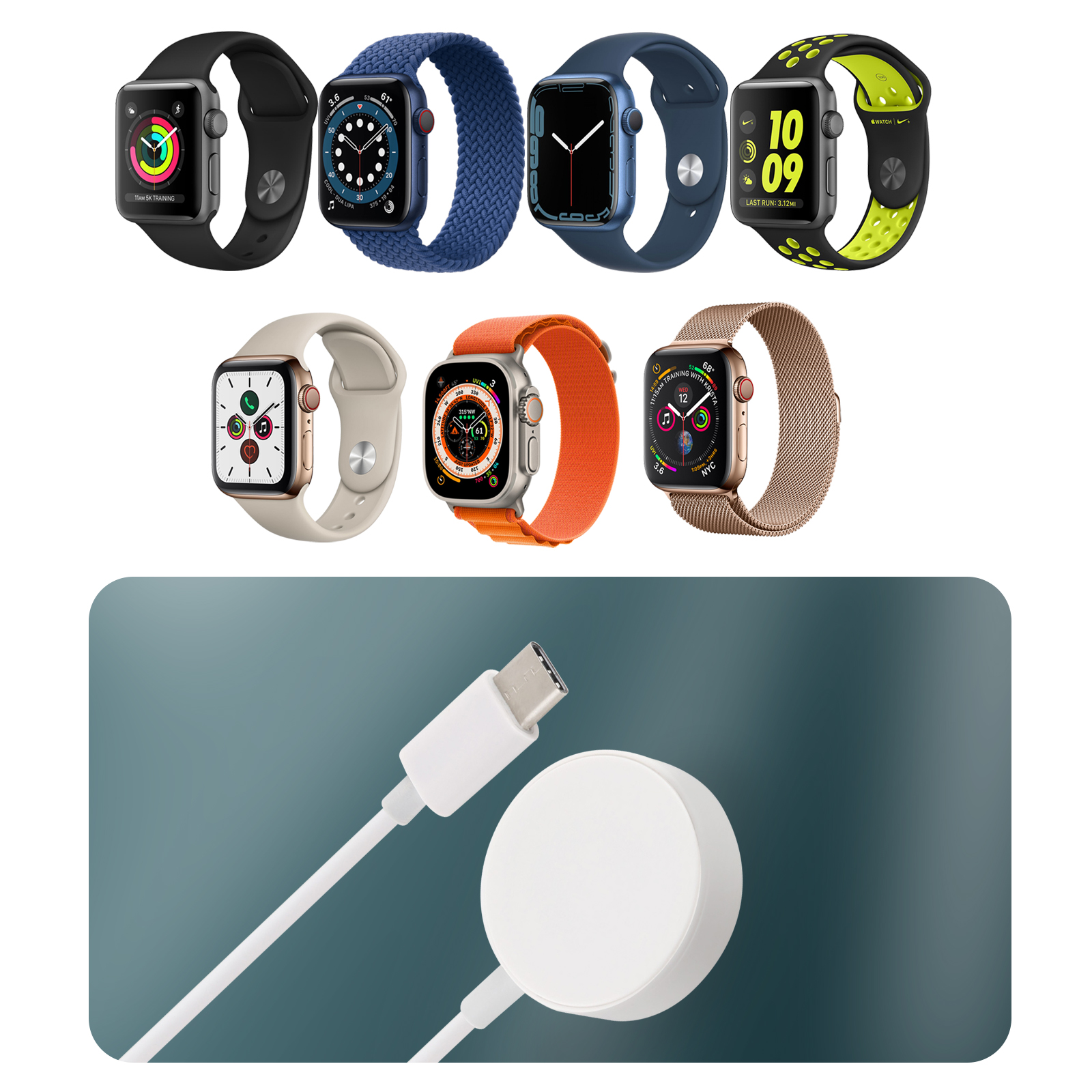 Mehrere Smartwatches und ein Ladepad mit angeschlossenem weißem Ladekabel.