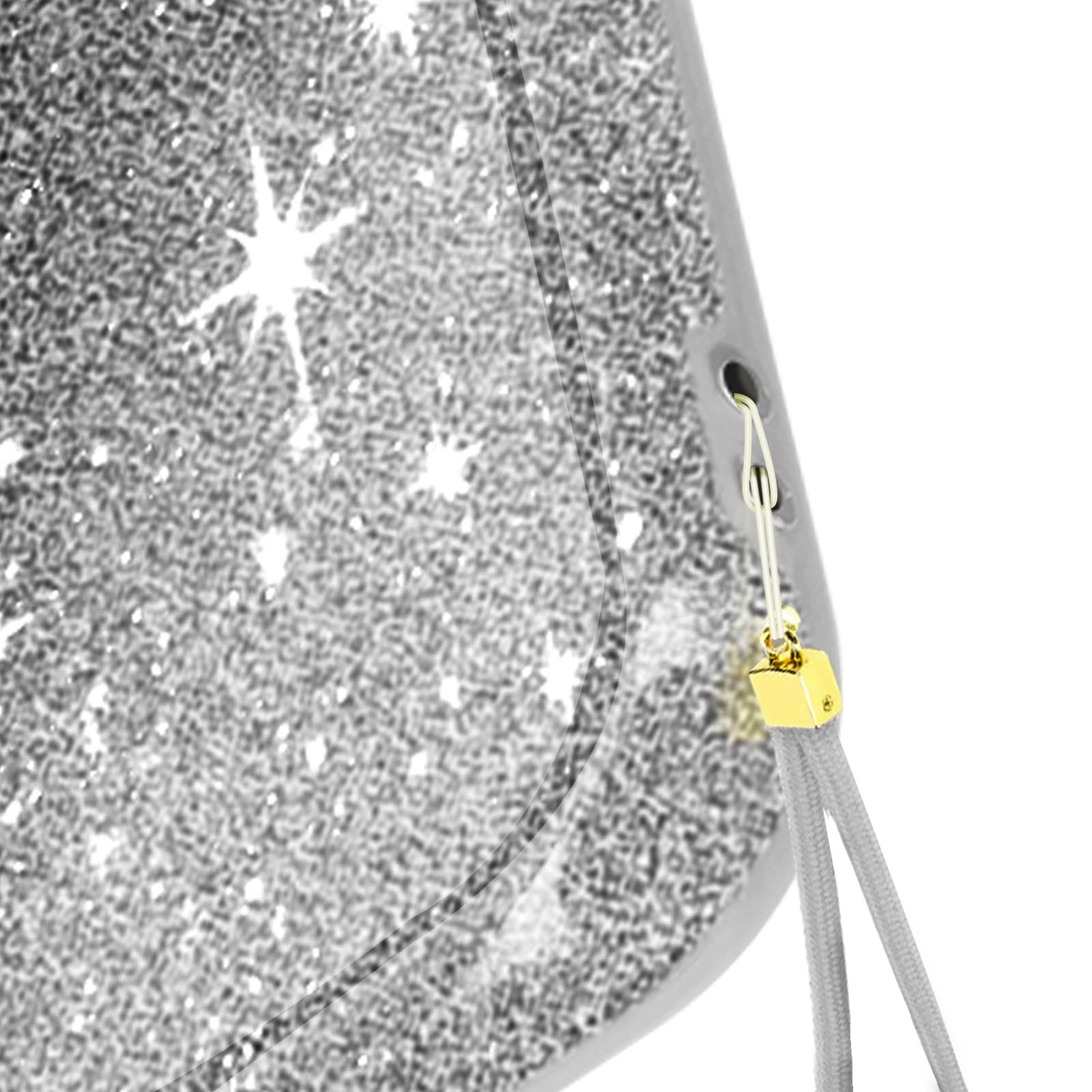 Primo piano di una custodia per telefono con glitter e attacco per cordino.