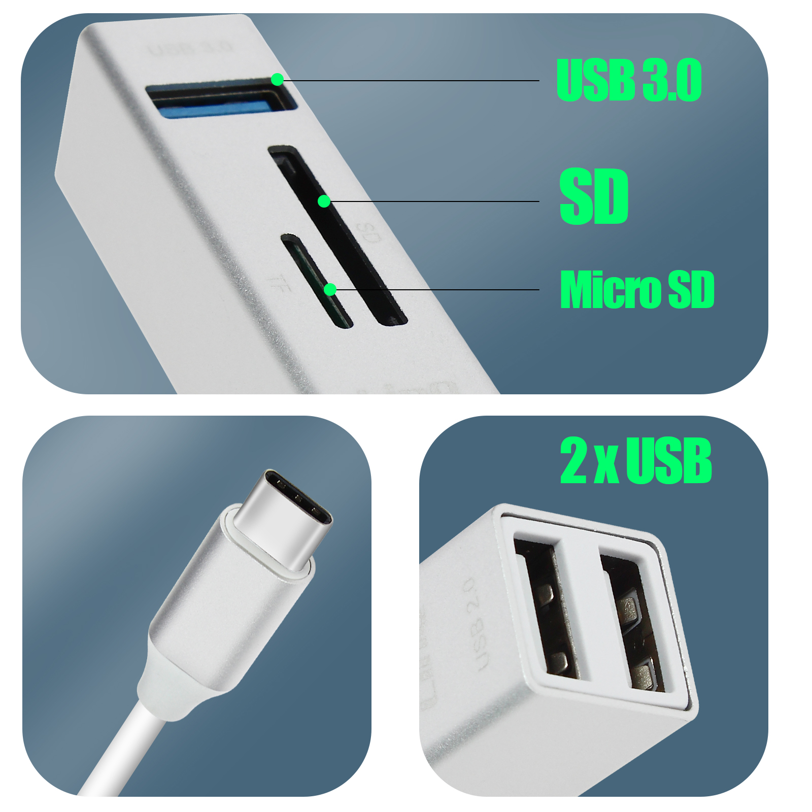 Primo piano di un hub USB argento. Mostra porte USB 3.0, SD, Micro SD e porte USB-C e 2x USB 2.0.