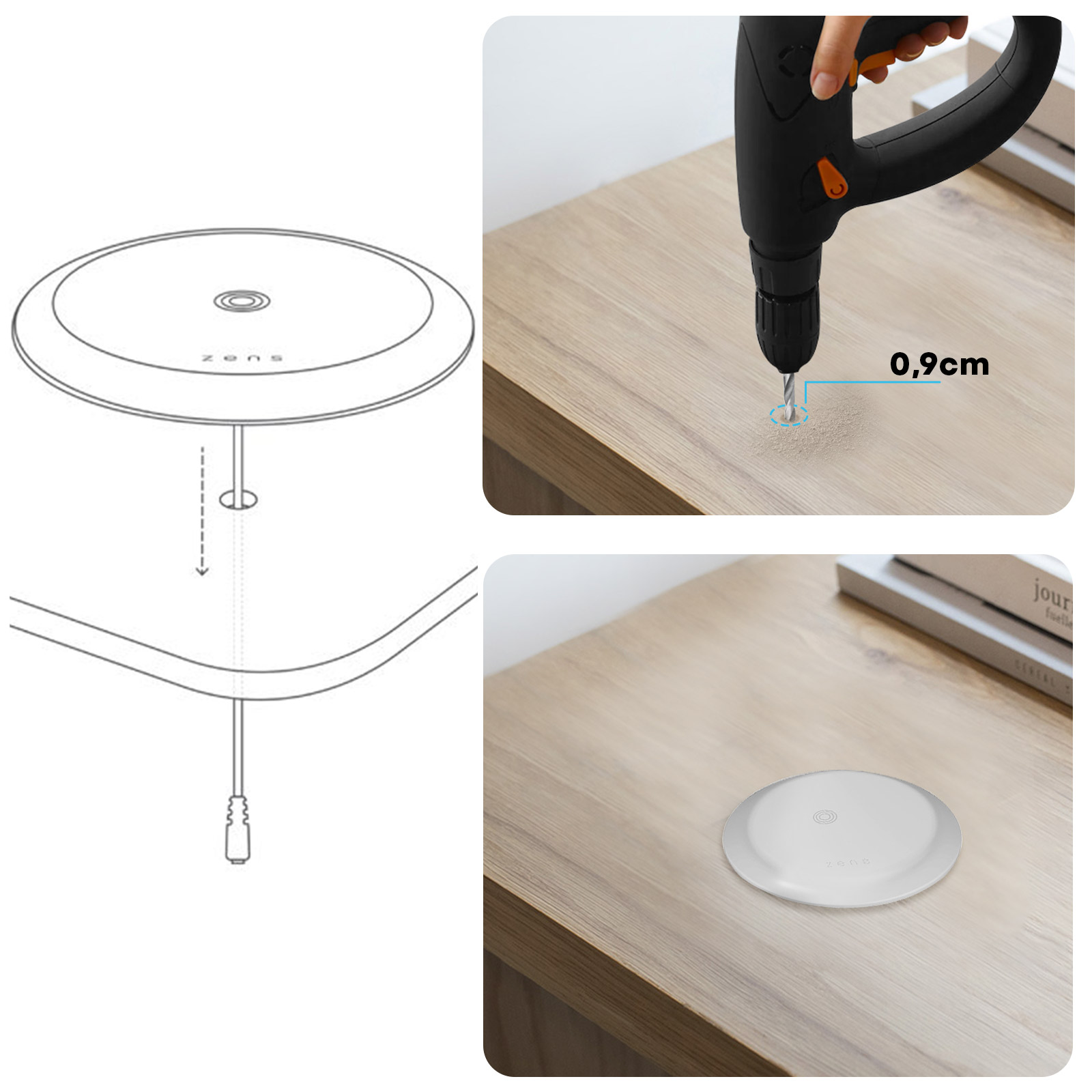 Diagramm zeigt, wie man ein Loch für ein kabelloses Ladegerät bohrt, mit Messungen. Fertiges Ladegerät rechts.