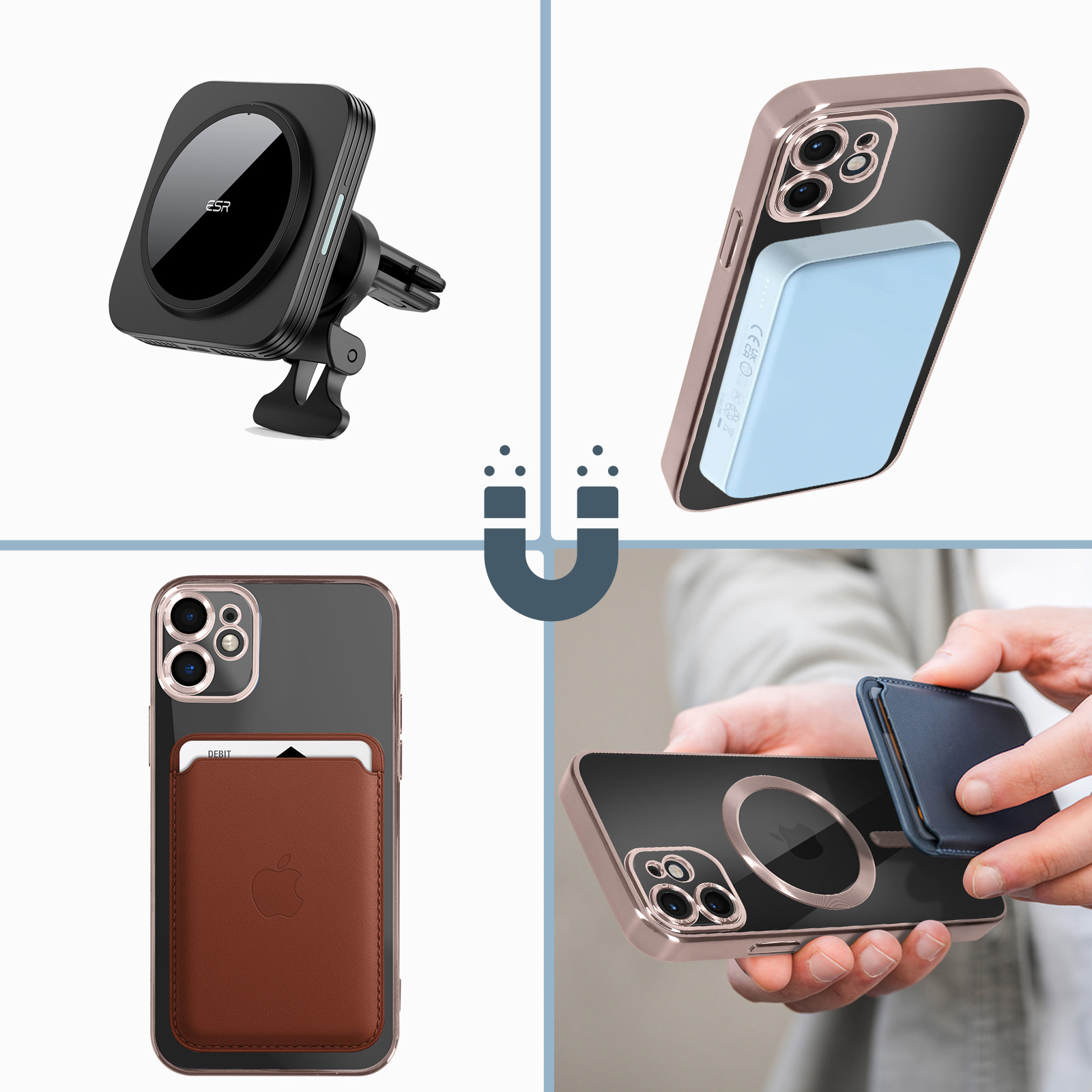 Collage di accessori per telefoni: un supporto per auto, una custodia con porta carte e un caricatore.