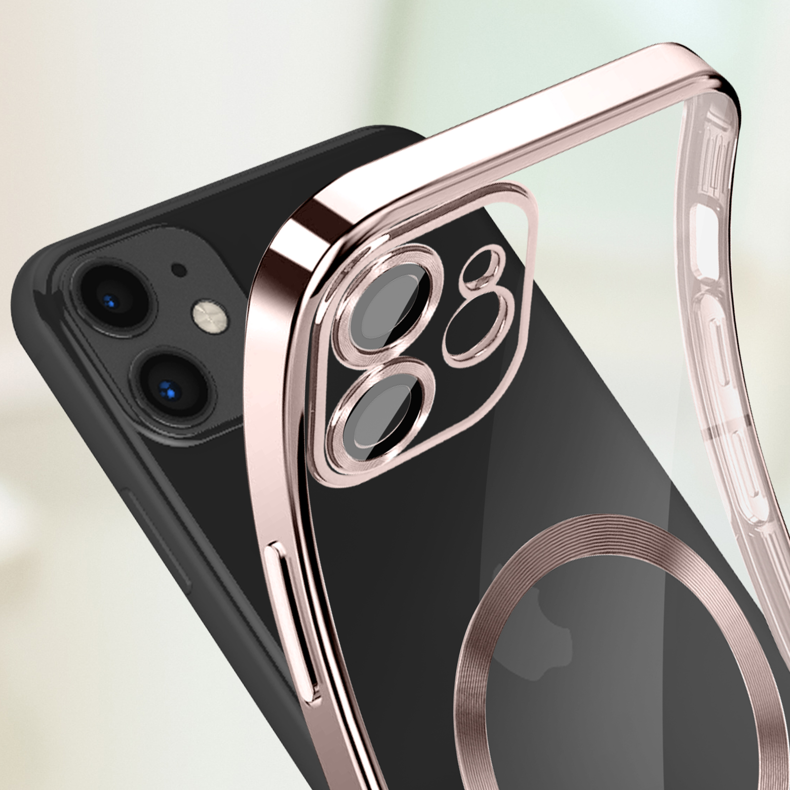 Telefono nero con custodia trasparente oro rosa. Dettagli della fotocamera e della custodia.