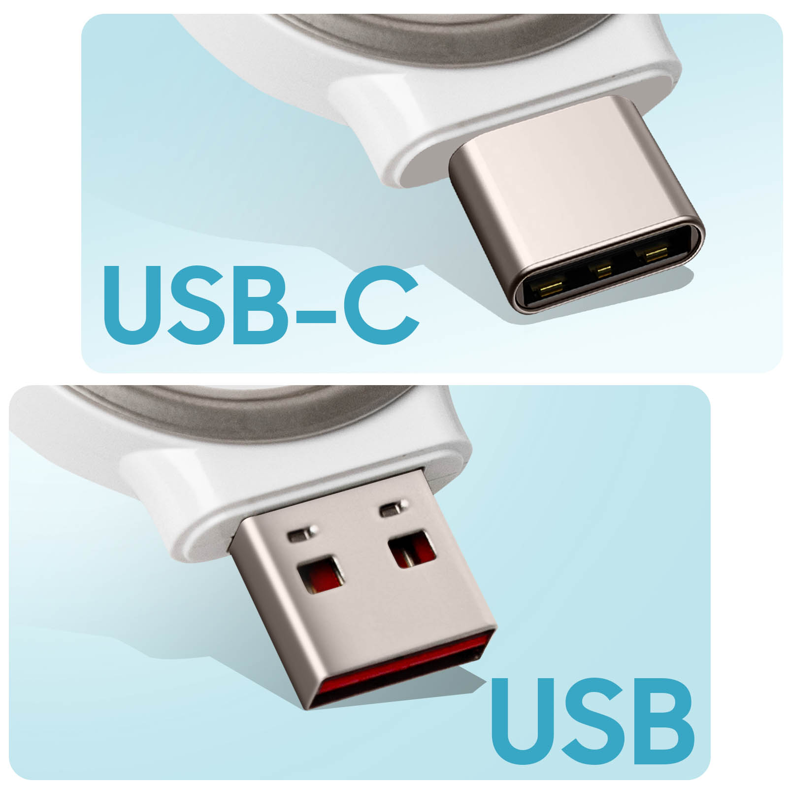 Zwei USB-Anschlüsse: USB-C und USB. Der USB-C ist silberfarben und der USB ebenfalls silbern mit roten Akzenten.