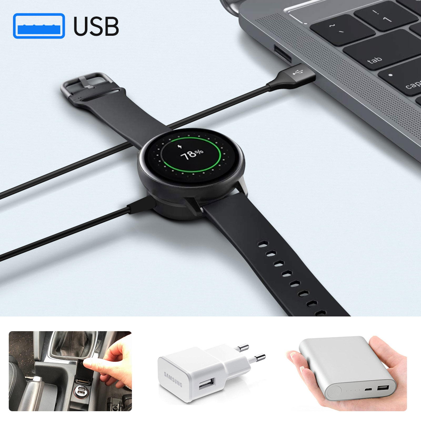 Smartwatch cargándose en un cargador negro conectado a una laptop por USB. Adaptadores USB adicionales.