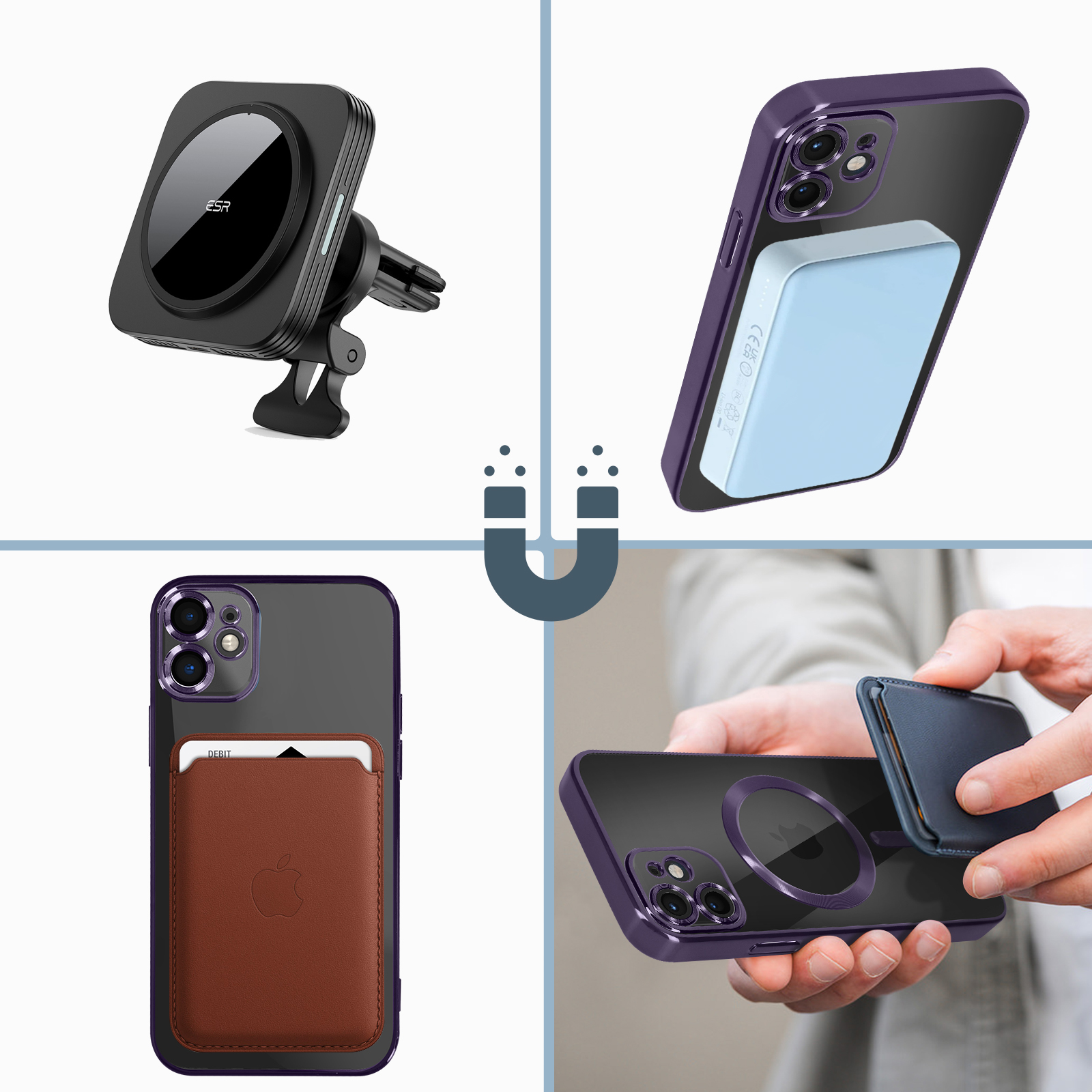 Accessori per telefono: supporto per auto, caricabatterie wireless, portafoglio, custodie, con magneti.