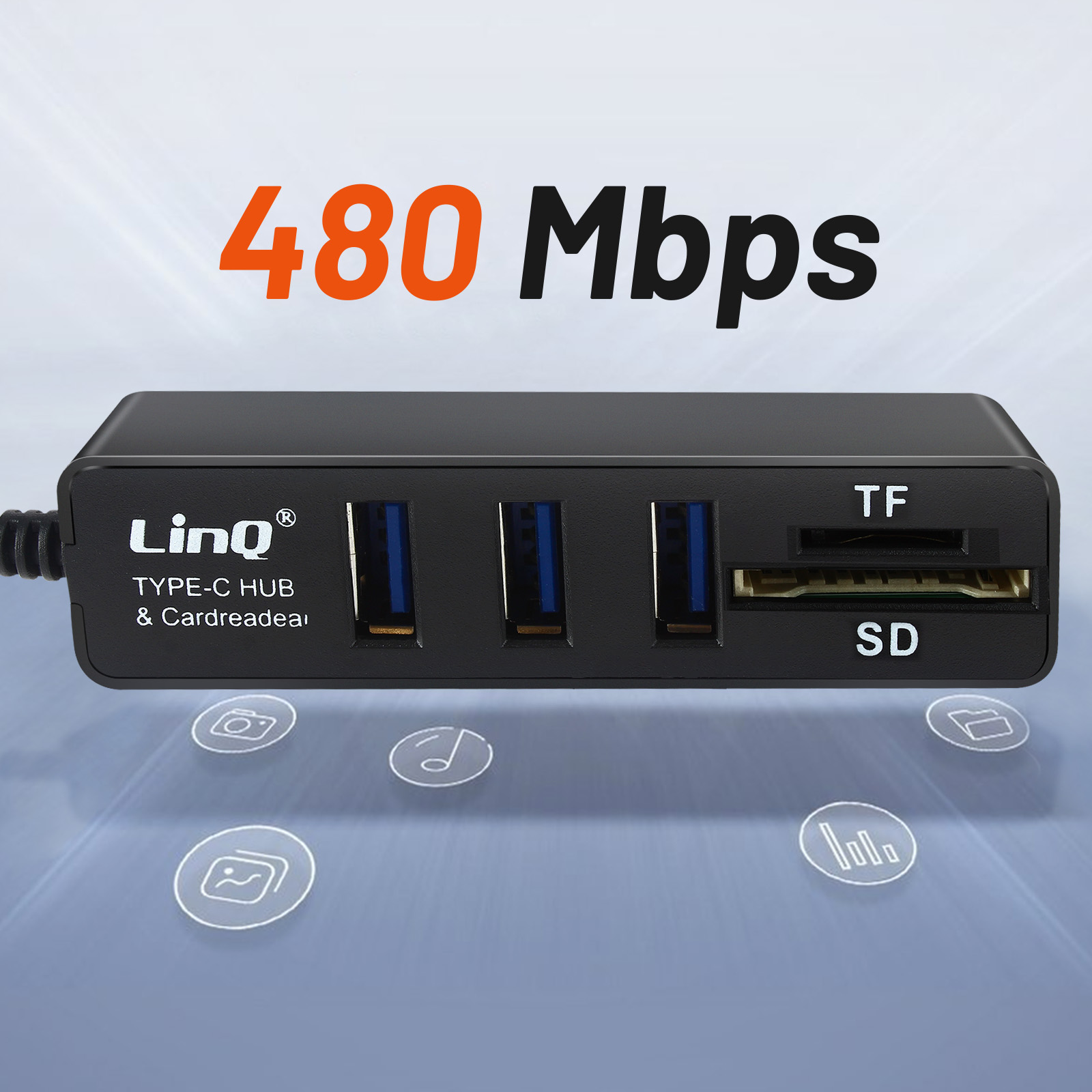 Hub USB nero con porte, slot per schede SD e testo '480 Mbps'.