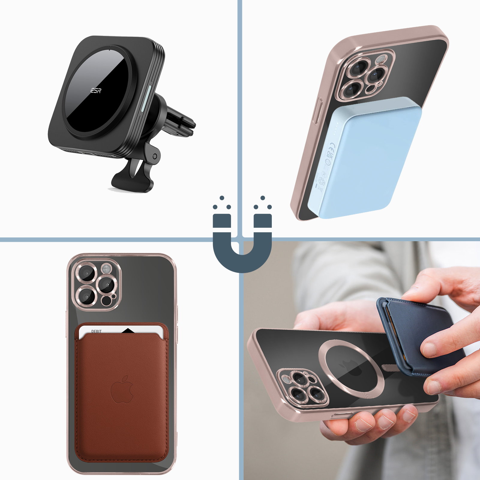 Collage di accessori per telefoni. Include un supporto per auto, un caricatore magnetico e un porta carte.