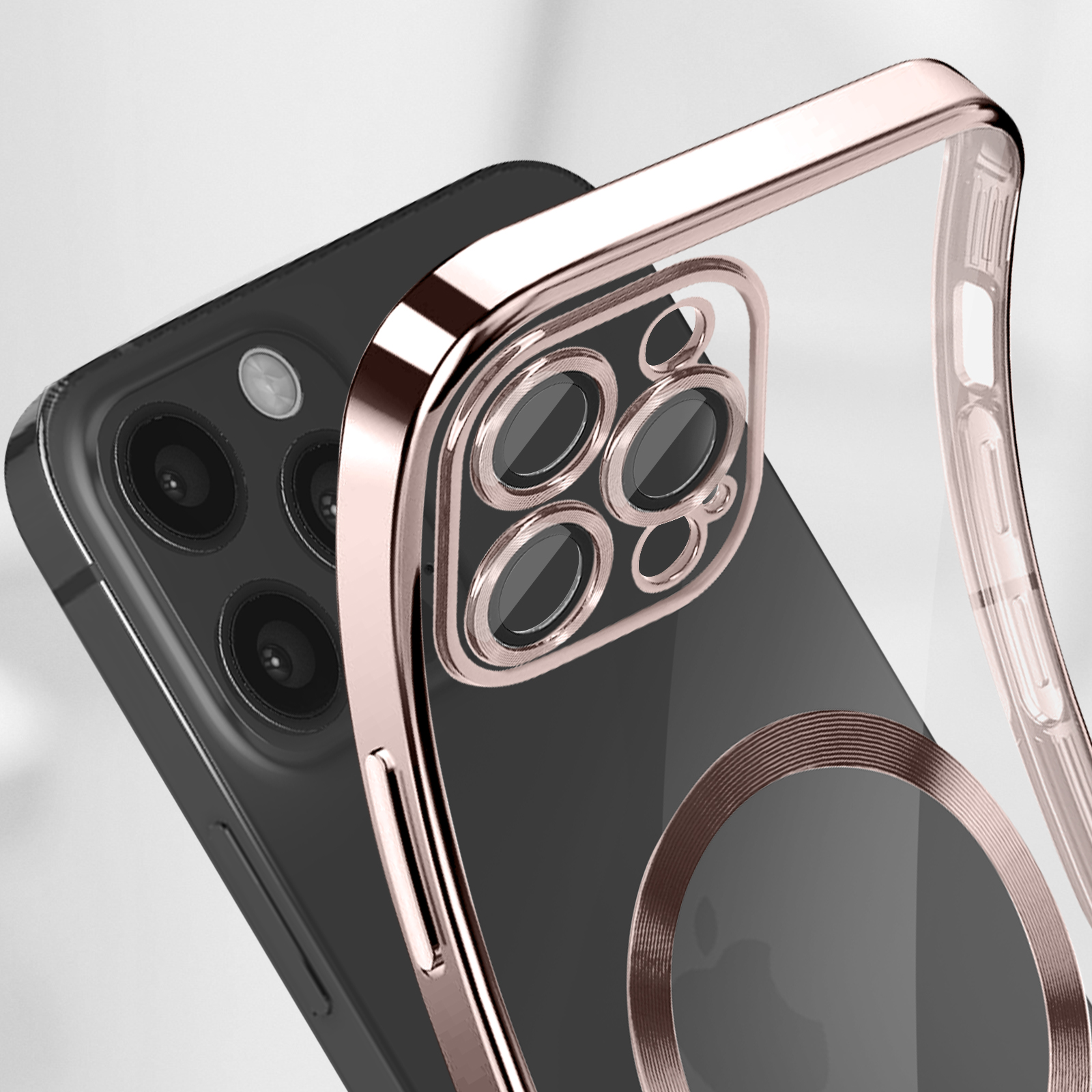 Primo piano di un telefono con una custodia color oro rosa. La custodia ha un anello intorno alle lenti della fotocamera.