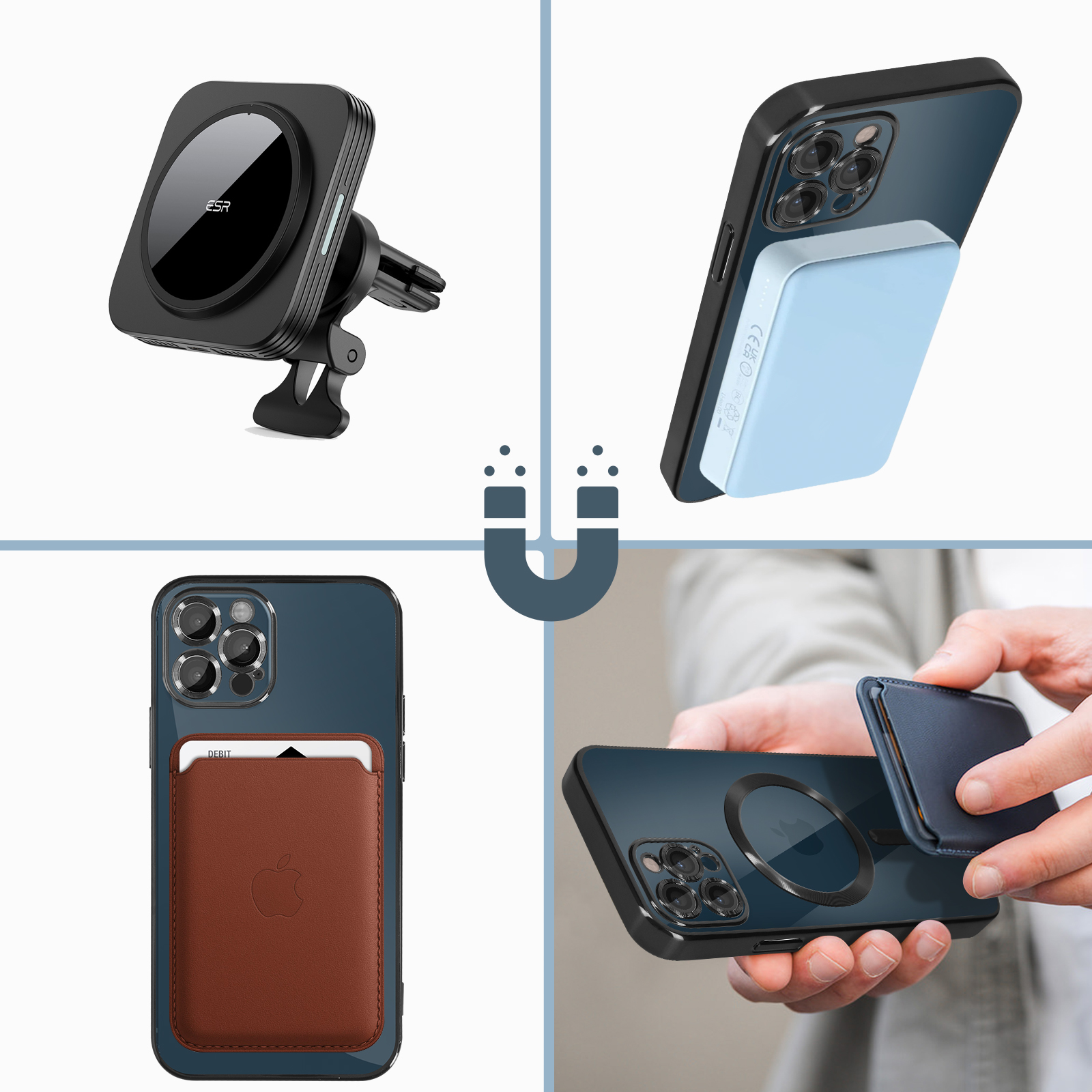 Verschiedenes Telefonzubehör: Autohalterung, Powerbank, Kartenhalter und magnetische Geldbörse.