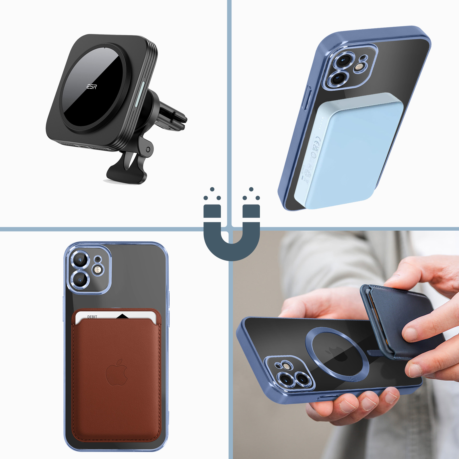 Varie custodie per telefono con MagSafe, tra cui un supporto per auto, un porta carte e un portafoglio.