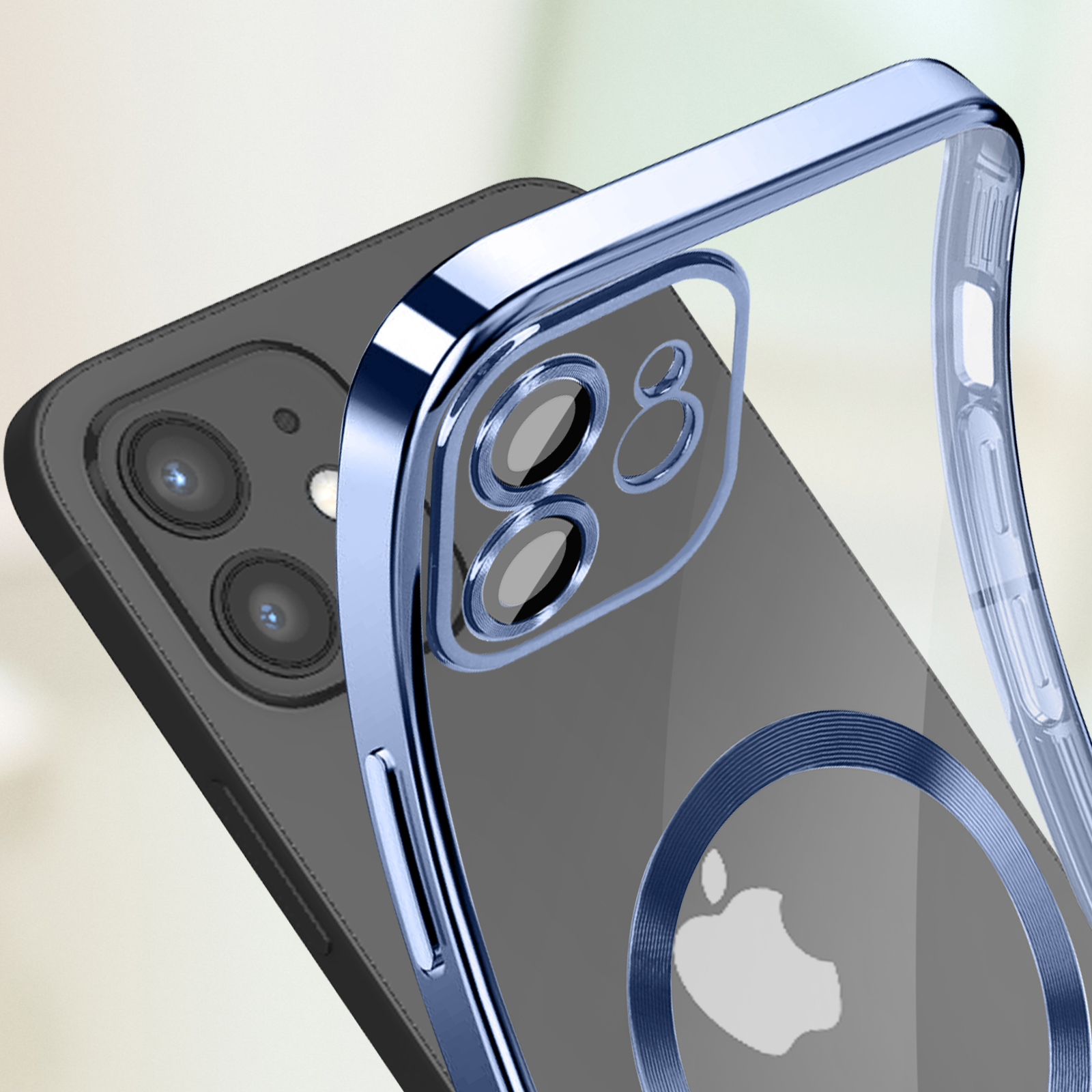 Custodia per telefono con cornice metallica blu. Custodia trasparente. Logo Apple visibile.