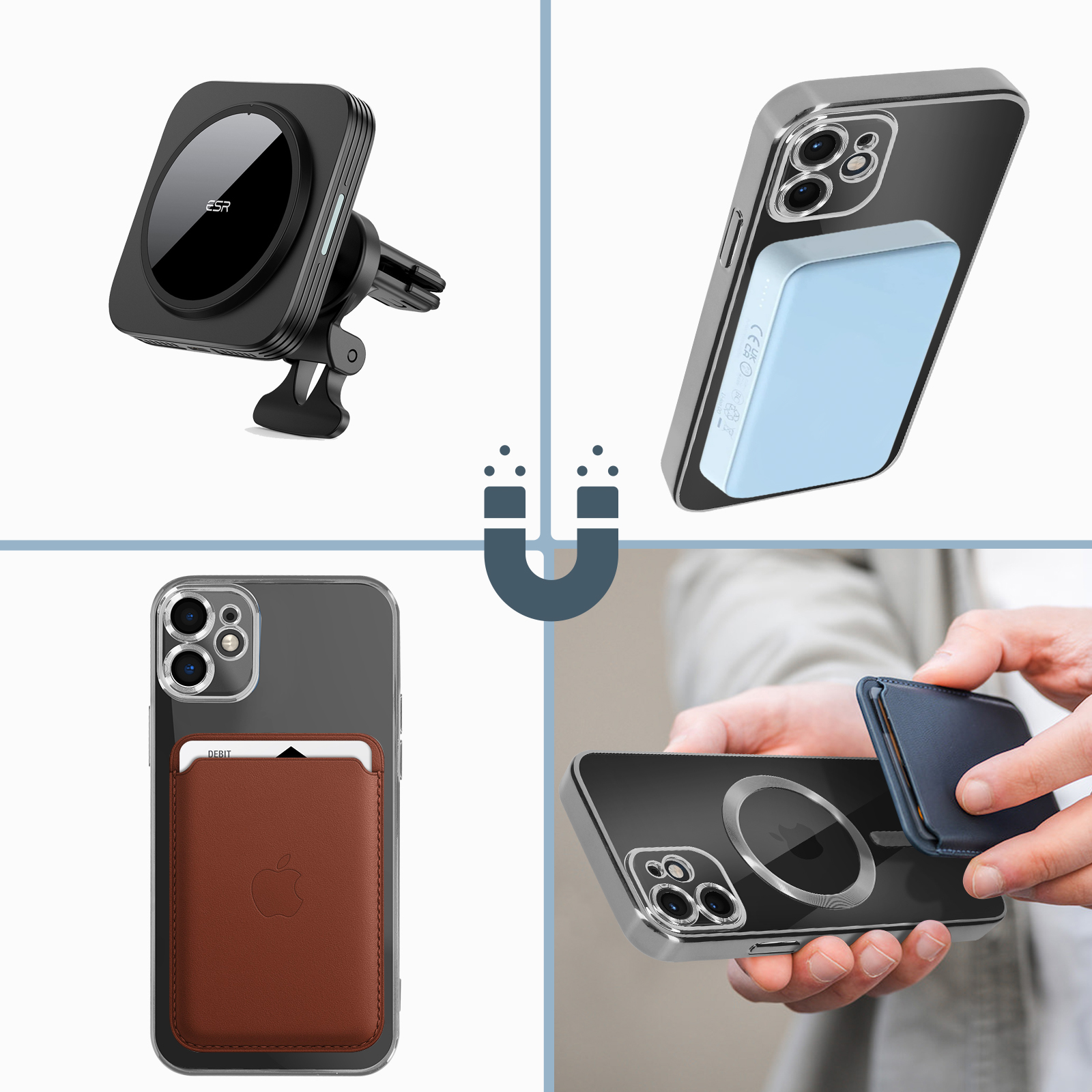 Un collage di accessori per telefono: supporto per auto, porta carte e custodie per telefono. I magneti sono evidenziati.