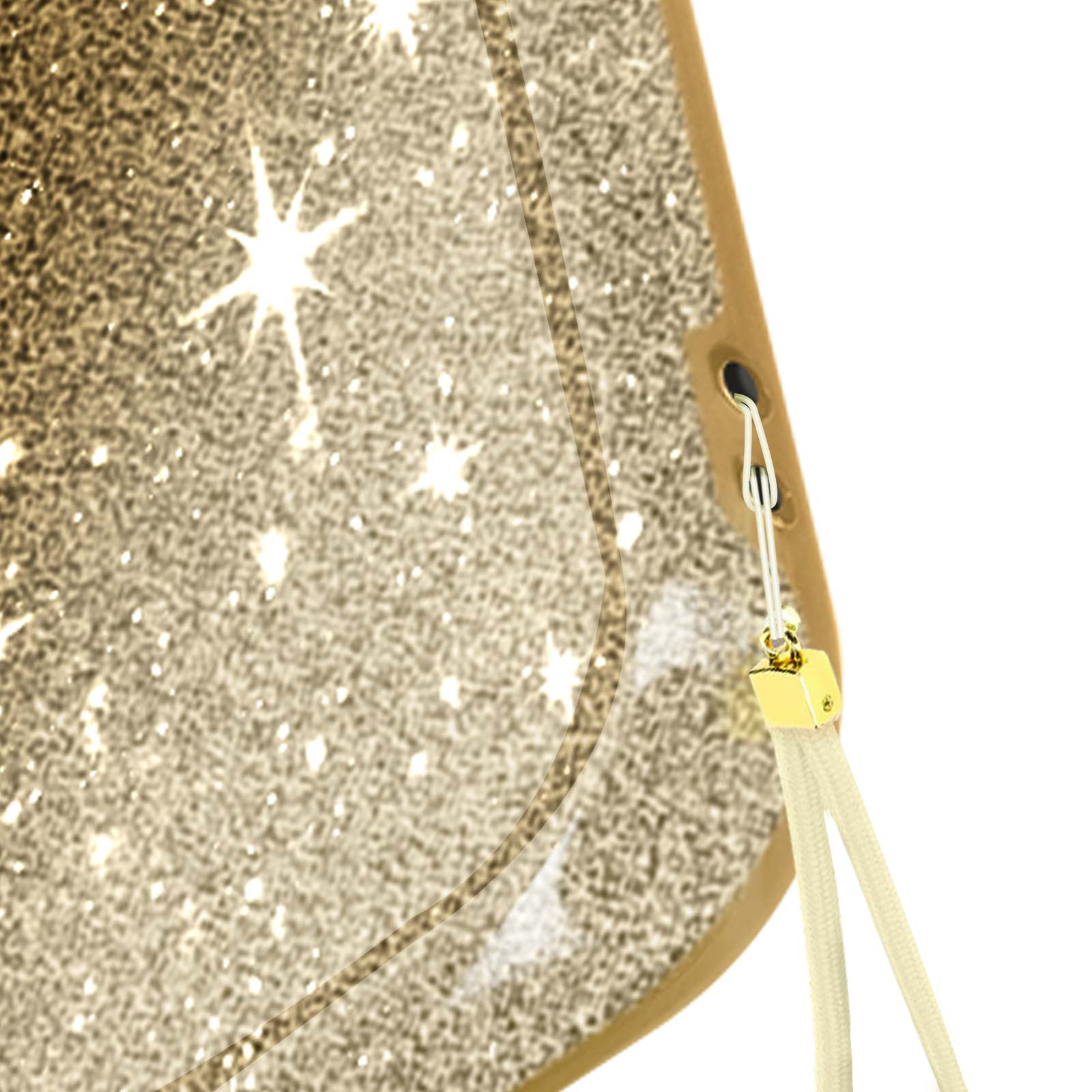 Custodia per telefono con glitter dorati con cordino bianco e quadrato in metallo dorato.