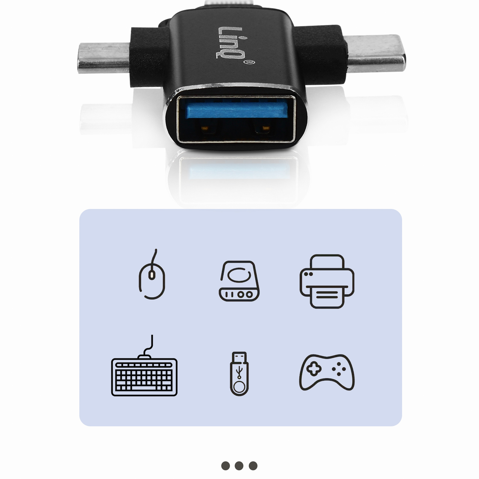 Schwarzer Multi-Port USB-C-Hub mit USB-Anschluss und Icons von Computerzubehör.