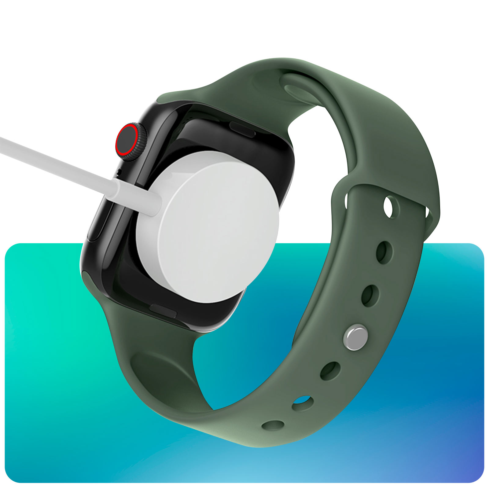 Smartwatch verde cargando. Cargador blanco conectado al reloj. Fondo azul y verde.
