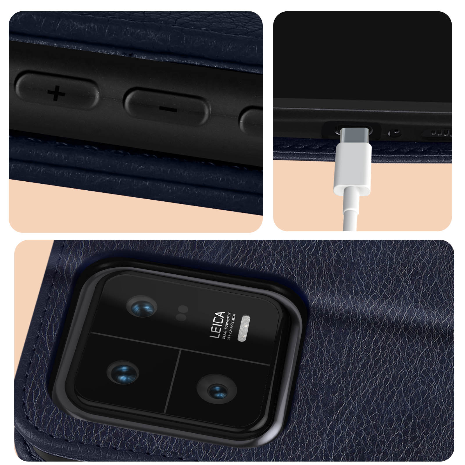 Gros plan sur les boutons du téléphone, le port de charge et l'appareil photo Leica sur un étui en cuir bleu.