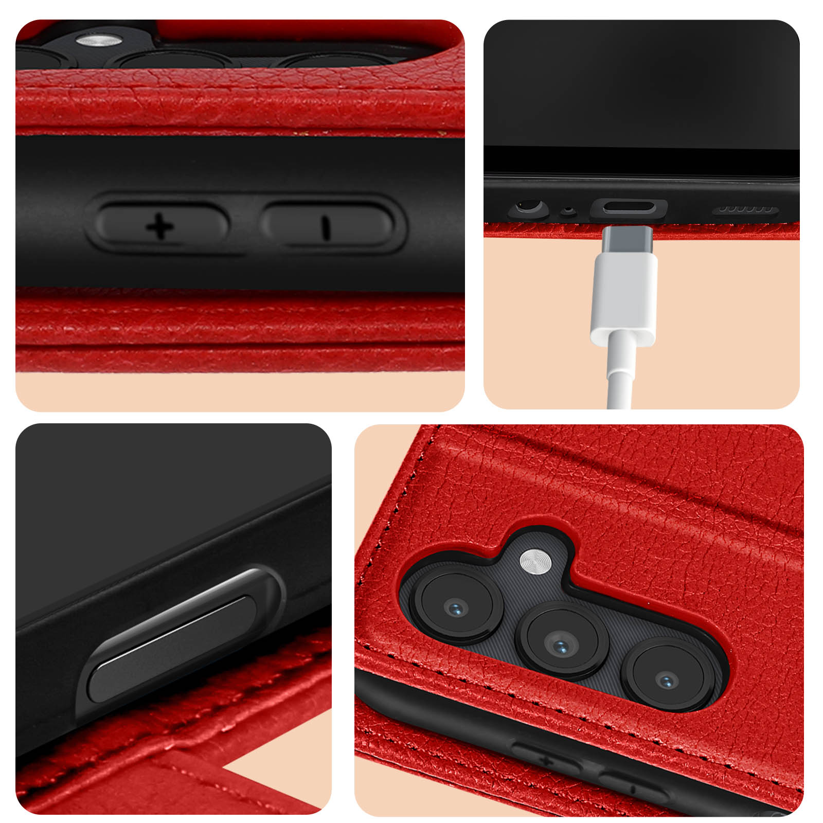 Rode telefoonhoes met oplaadpoort, volumeknoppen en cameradetails zichtbaar.