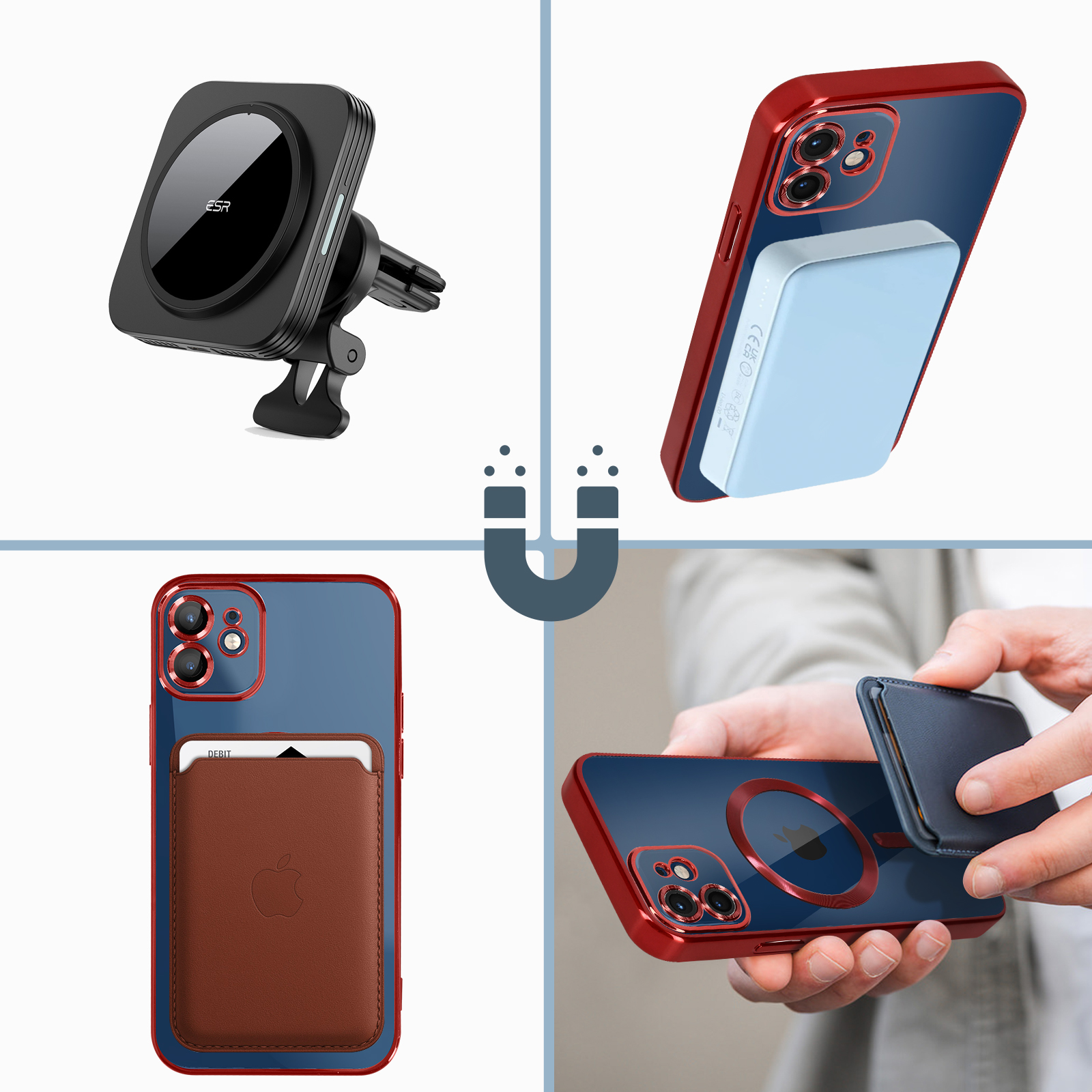 Collage di accessori per telefono: supporto auto, custodia, portafoglio, power bank.