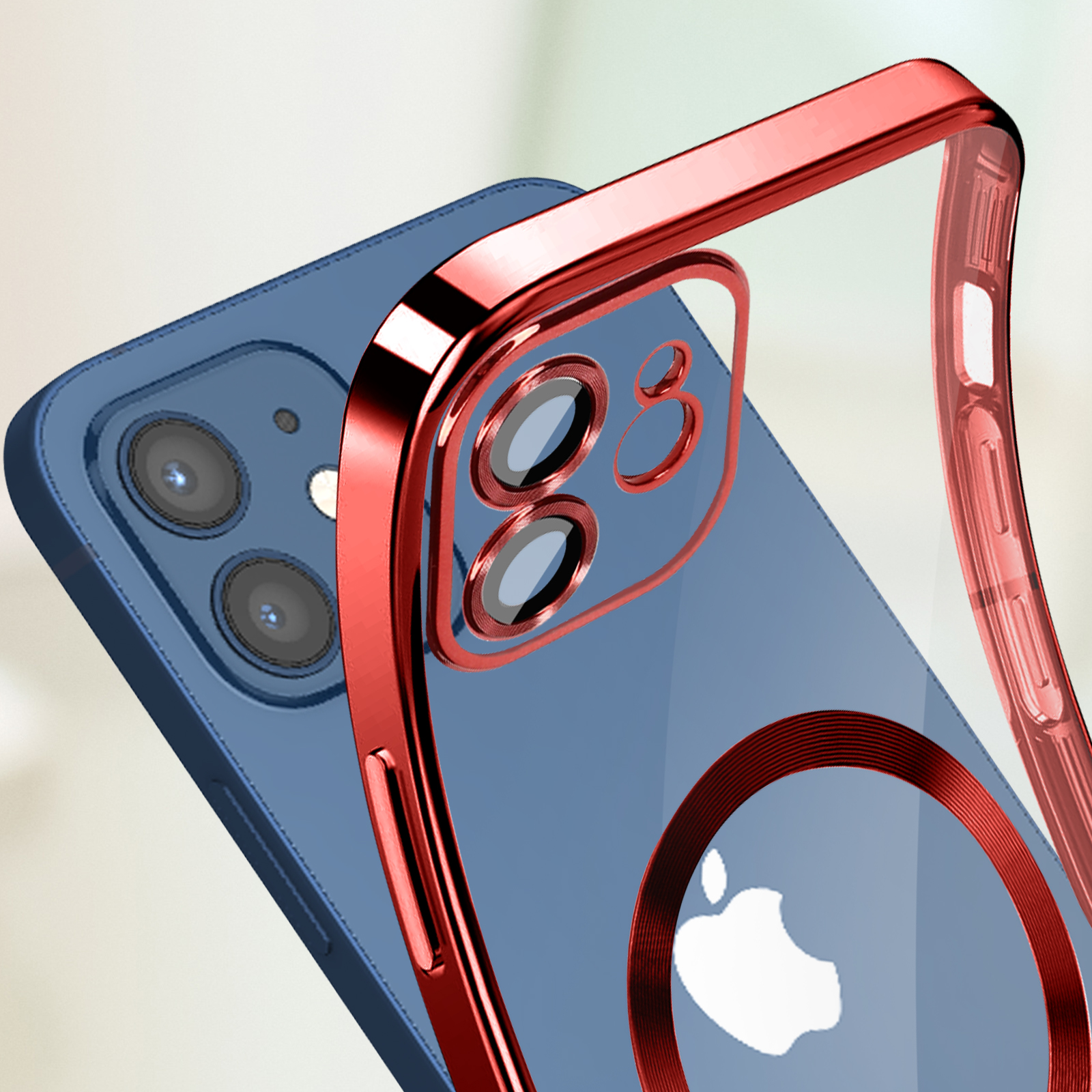 Custodia trasparente con rifiniture rosse su un telefono blu. Obiettivi della fotocamera visibili. Logo Apple sul telefono.