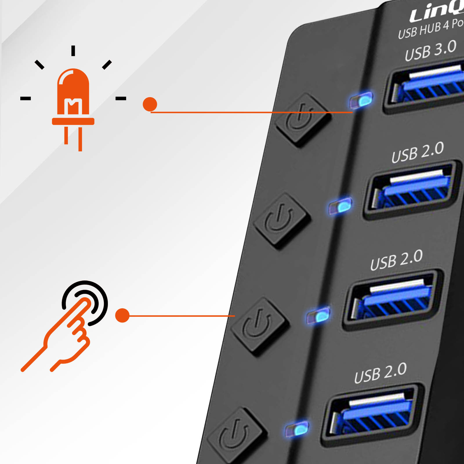 USB 2.0 USB Hub Schwarz + Universal, USB-Hub 3.0 3x LINQ 4-in-1