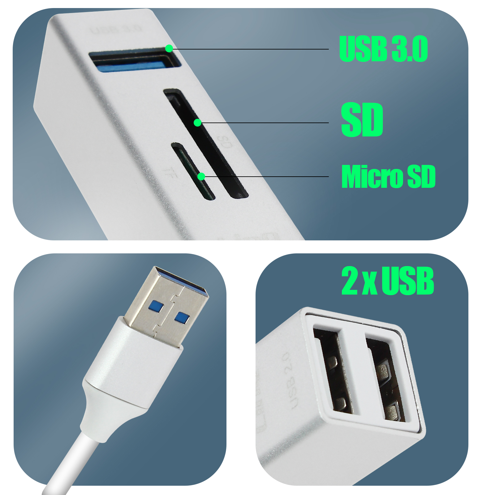 Immagine che mostra un hub USB argento con più porte, tra cui USB 3.0, SD, Micro SD e 2 x USB 2.0.