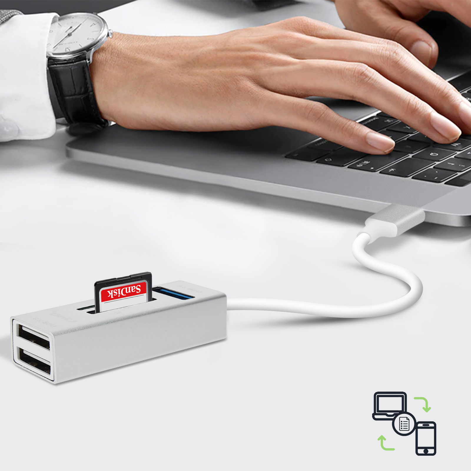 Hub USB con scheda SD inserita. Icone di trasferimento computer e telefono.