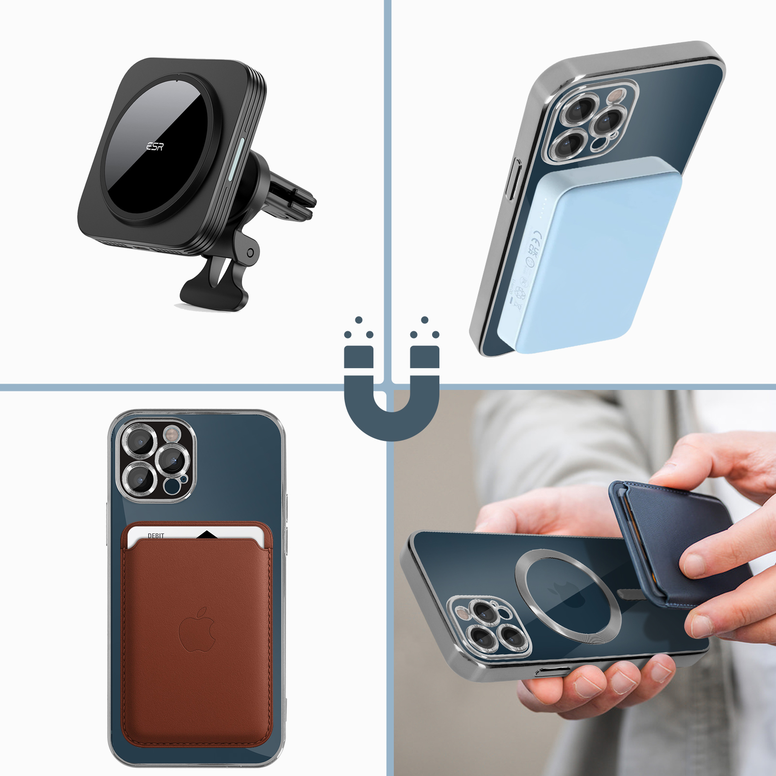 Collage di accessori per telefoni: supporto per auto, caricabatterie wireless, custodia a portafoglio e attacchi magnetici.
