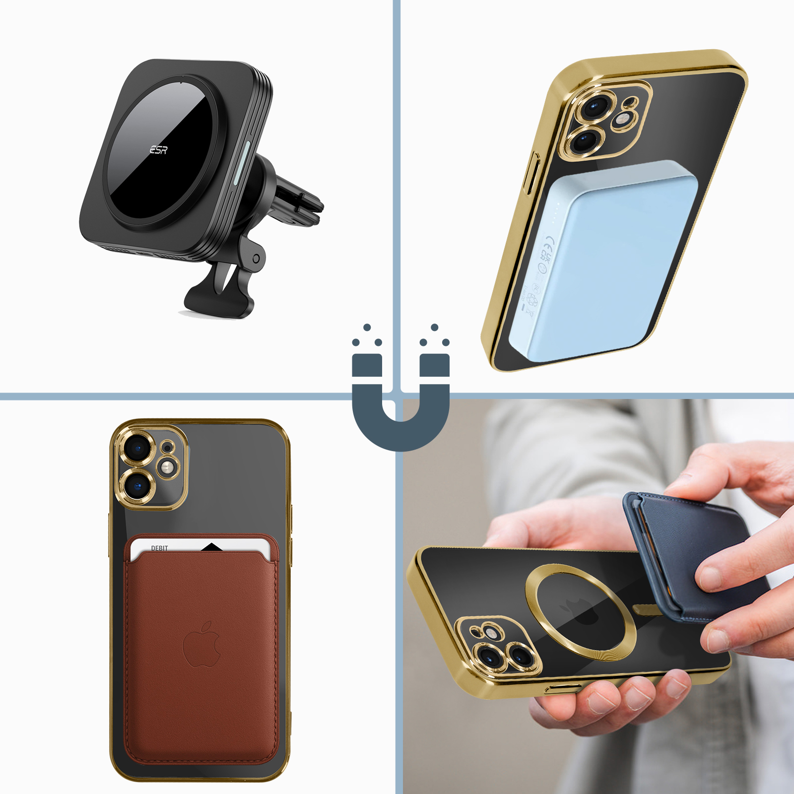 Quattro immagini: supporto magnetico per auto, telefono con carta blu, telefono con carta marrone e telefono con carta nera.