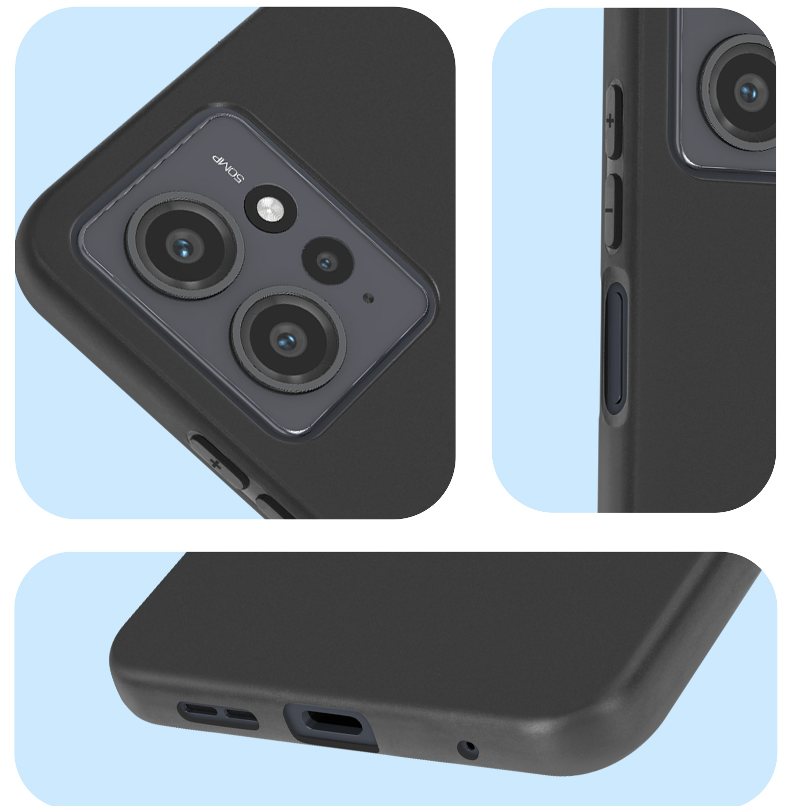Primo piano di una custodia per telefono nera che mostra i dettagli della fotocamera e dei pulsanti.