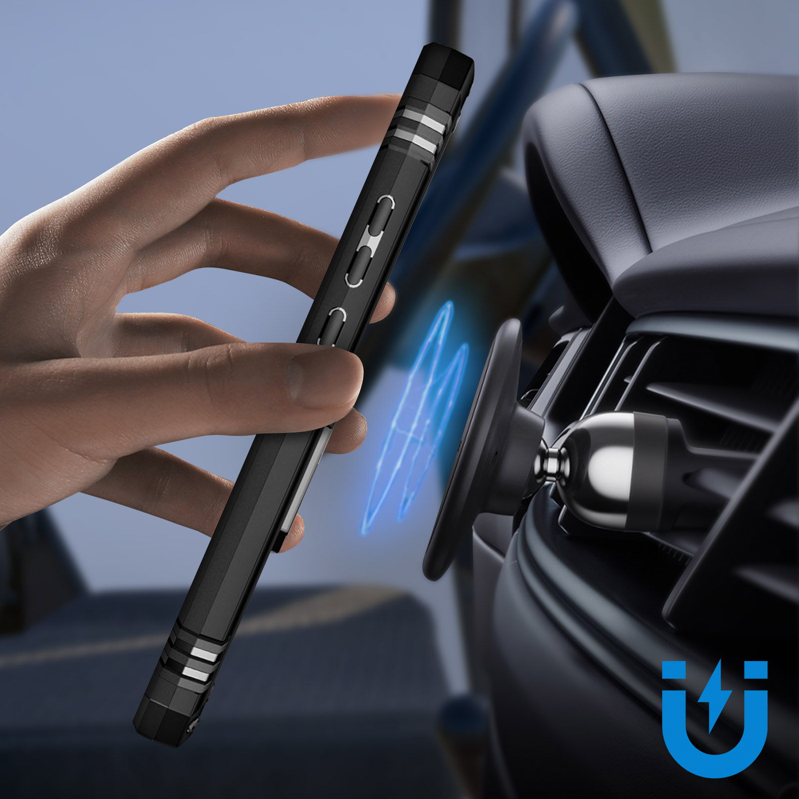 Hand hält Telefon neben einer Autolüfterhalterung. Blaue Wellen zeigen magnetische Anziehung an.