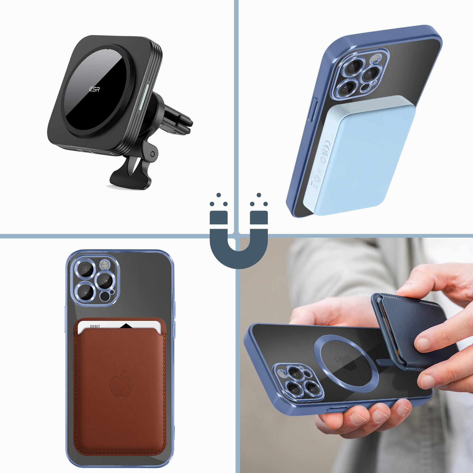 Collage di accessori per telefoni: supporto auto, custodia con portafoglio e caricatore wireless.