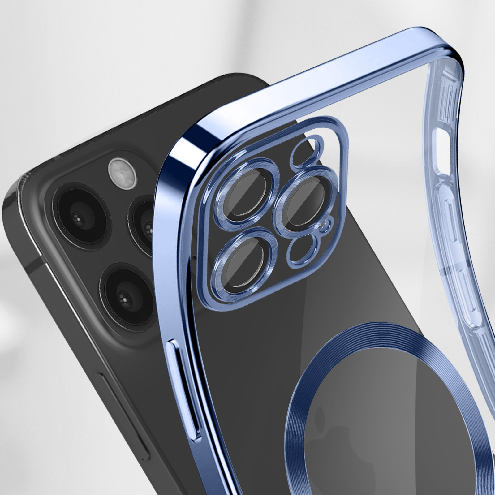 Custodia trasparente per telefono con cornice blu. Il telefono ha più fotocamere.
