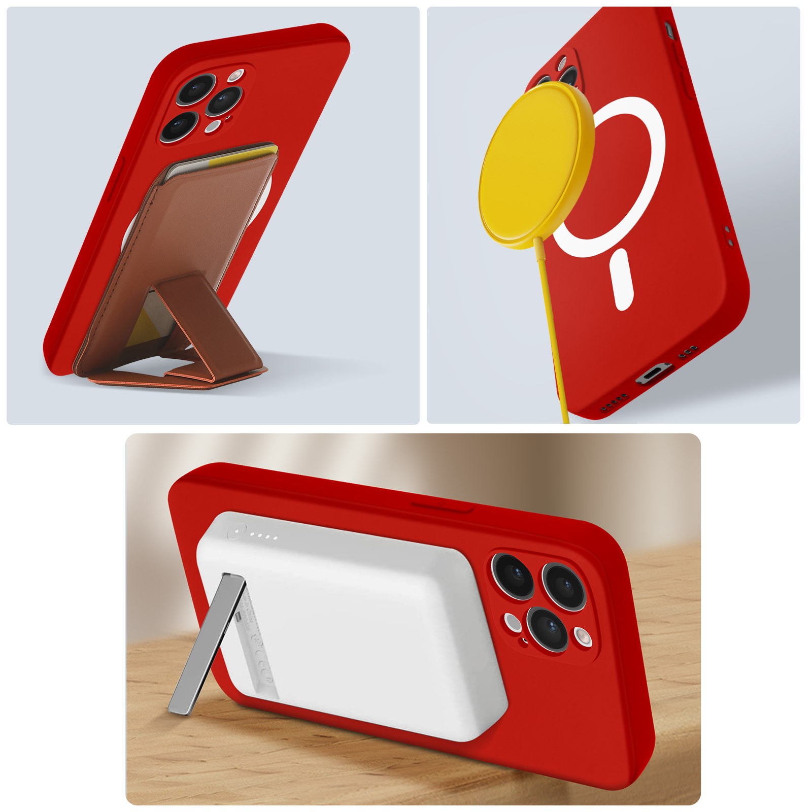 Coque de téléphone rouge avec accessoires : portefeuille, support et chargeur magnétique.