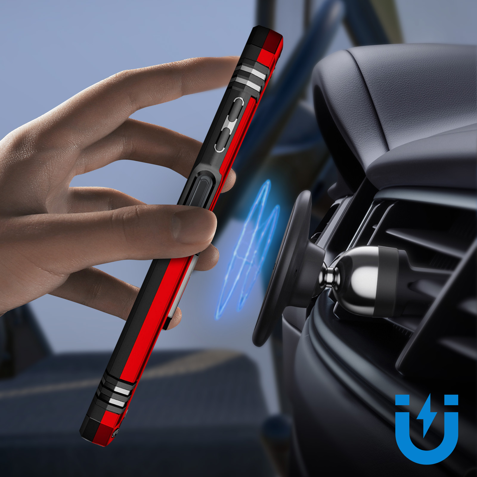 Custodia rossa e nera montata su bocchetta auto. Onde di energia blu emanano.