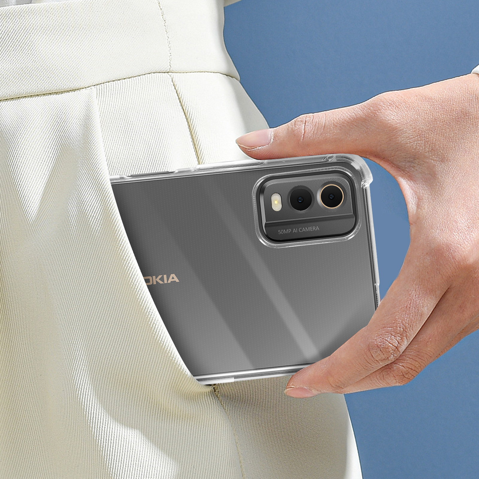Mano che tiene un telefono in una custodia trasparente. Pantaloni bianchi sullo sfondo.