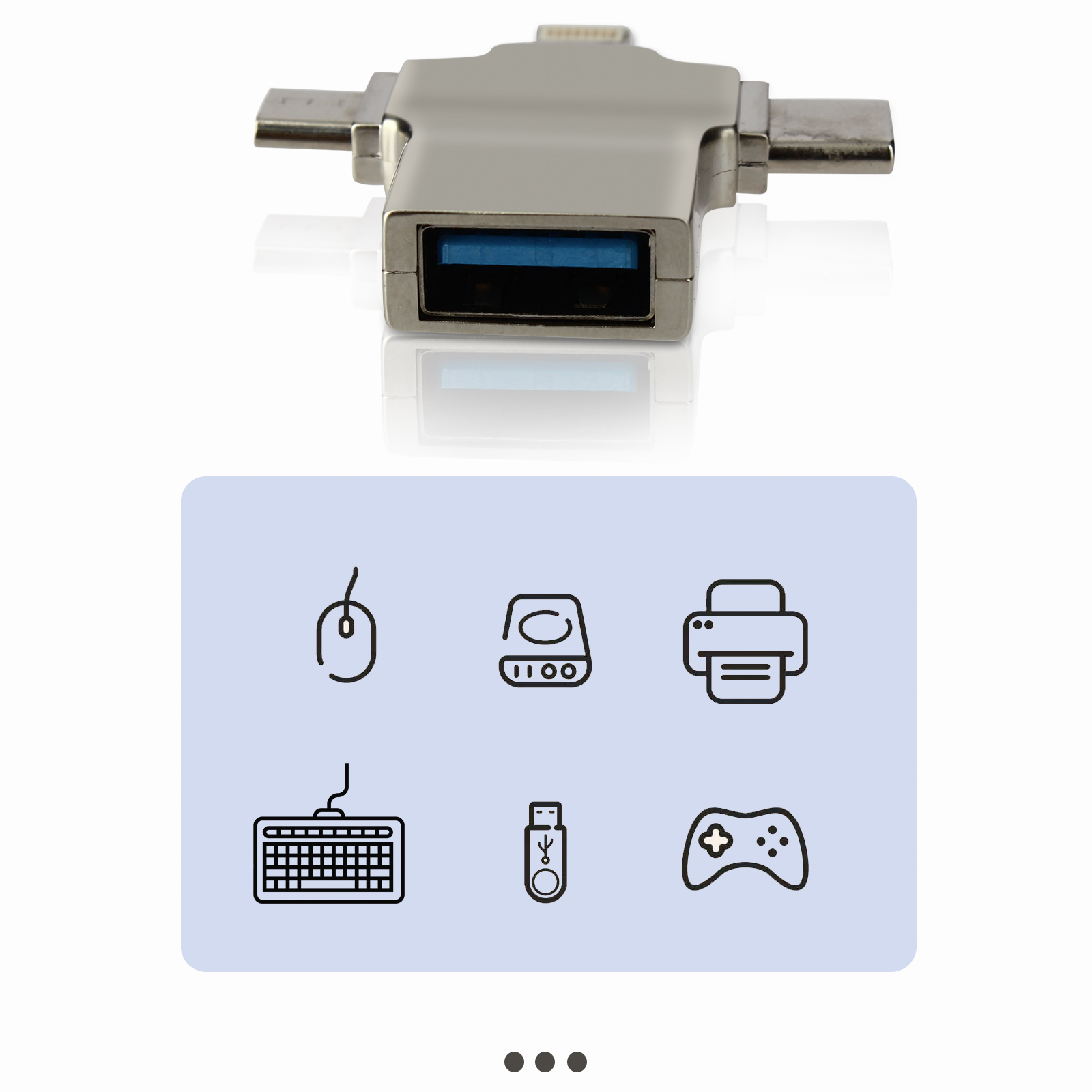 Ein silberner USB-Adapter mit mehreren Anschlüssen und Symbolen auf hellblauem Hintergrund.