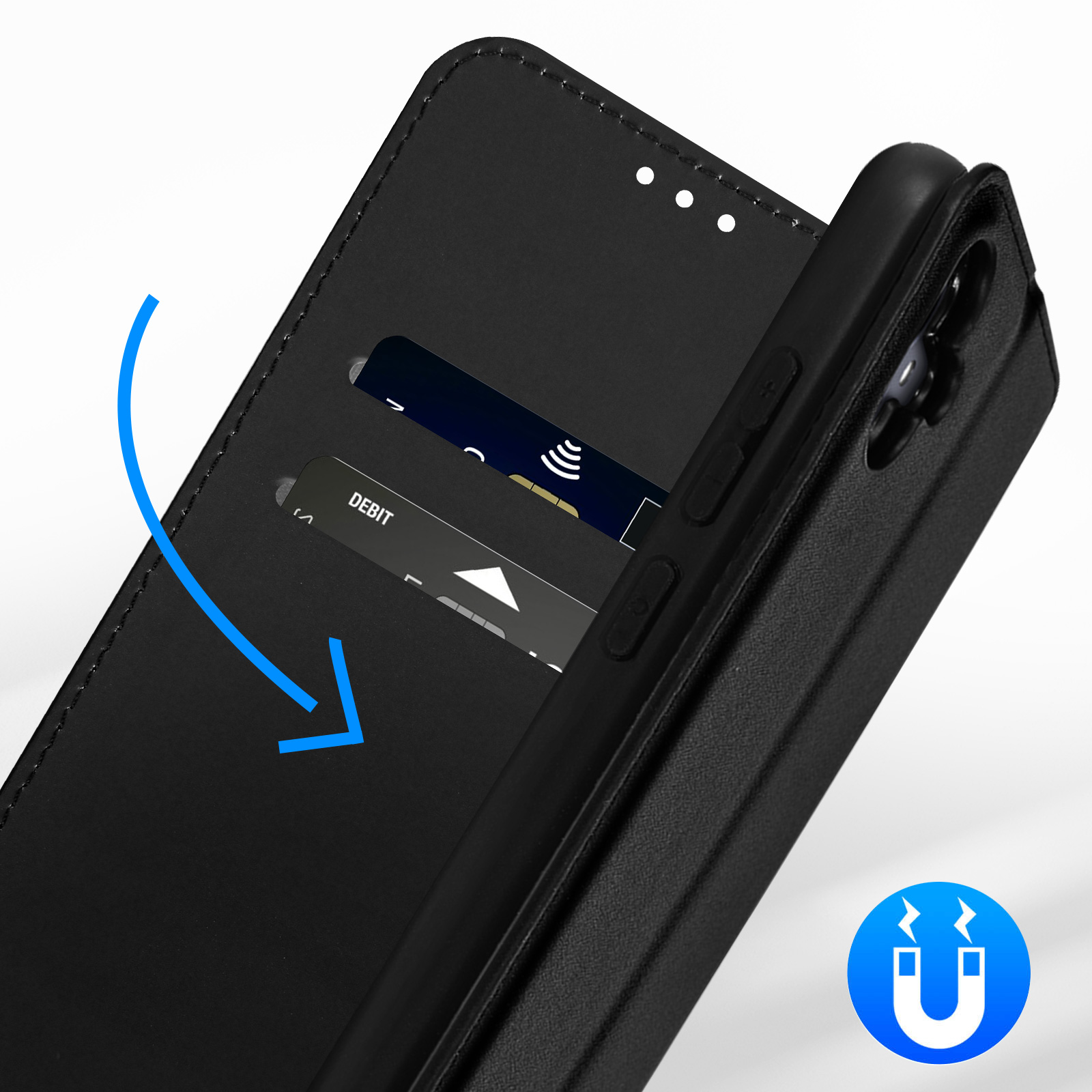 Custodia per telefono con carte. La custodia è aperta e le carte sono visibili. Freccia blu indica.