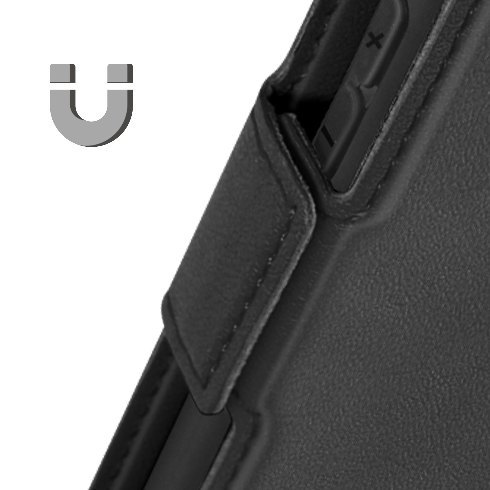 Primo piano di una custodia per telefono con chiusura magnetica. La custodia è nera.