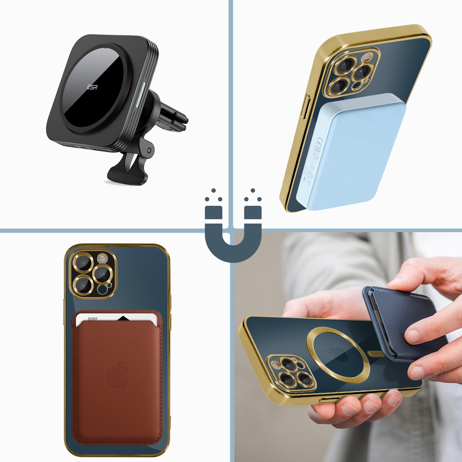 Vari accessori per telefoni: supporto per auto, power bank, porta carte e portafoglio magnetico.