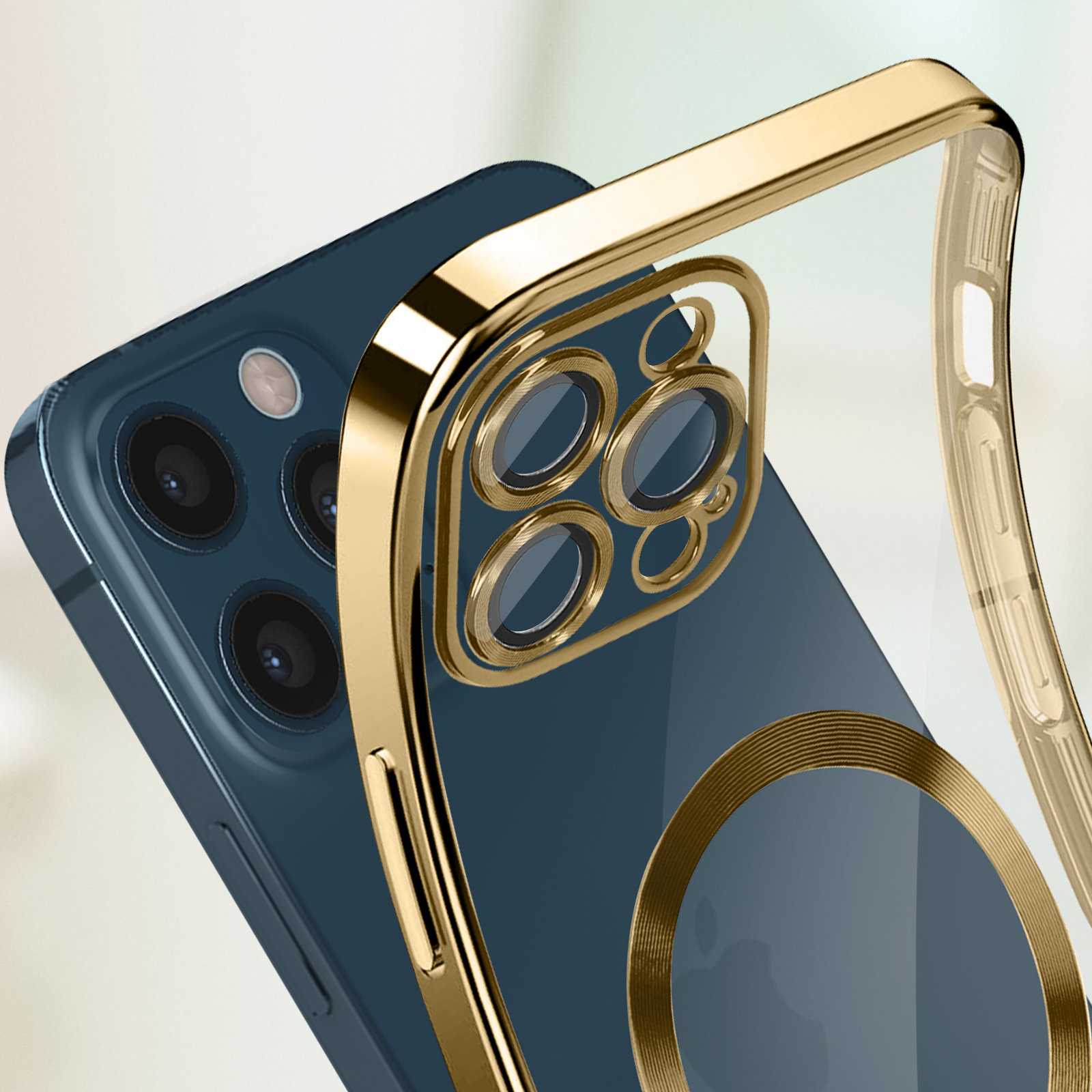 Telefono blu con custodia con cornice dorata. Il telefono mostra le fotocamere e una custodia trasparente.