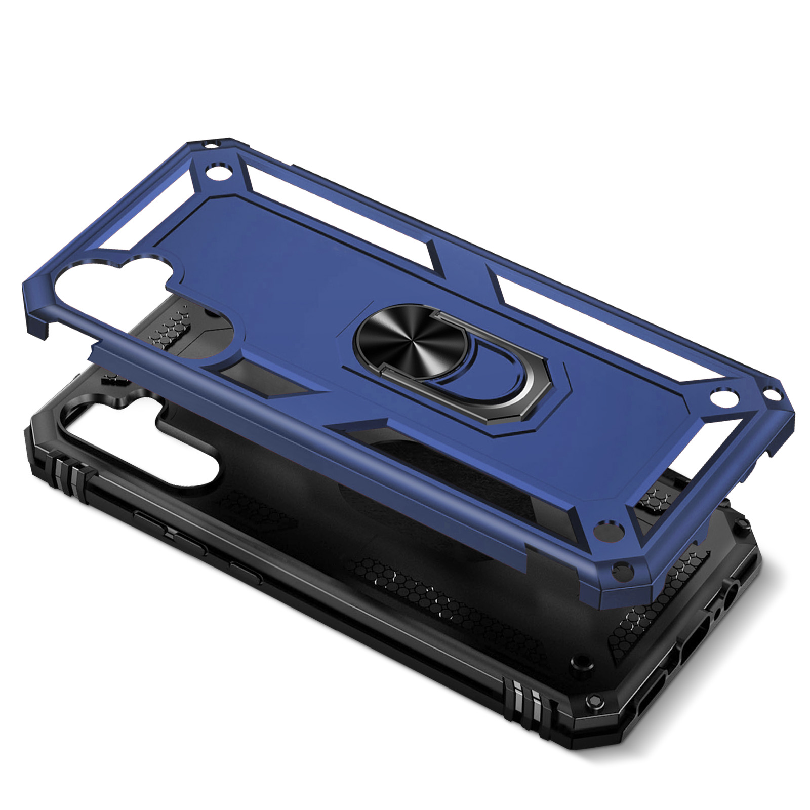 Custodia per telefono blu e nera. La custodia del telefono è in due pezzi, con un porta anello.