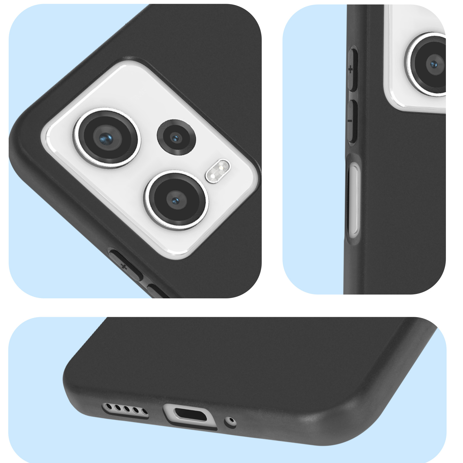 Tre viste di una custodia nera. Più lenti della fotocamera visibili.