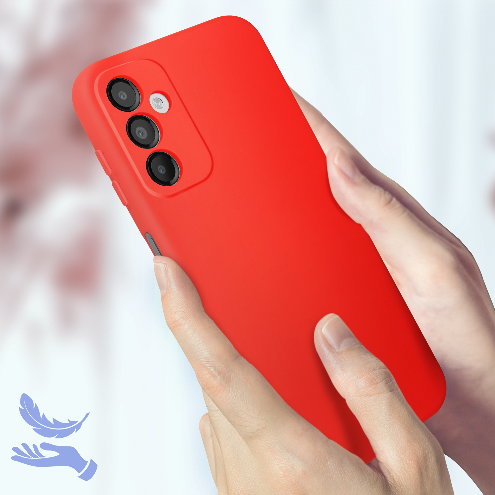 Custodia rossa per telefono tenuta in mano, icona piuma sullo sfondo.