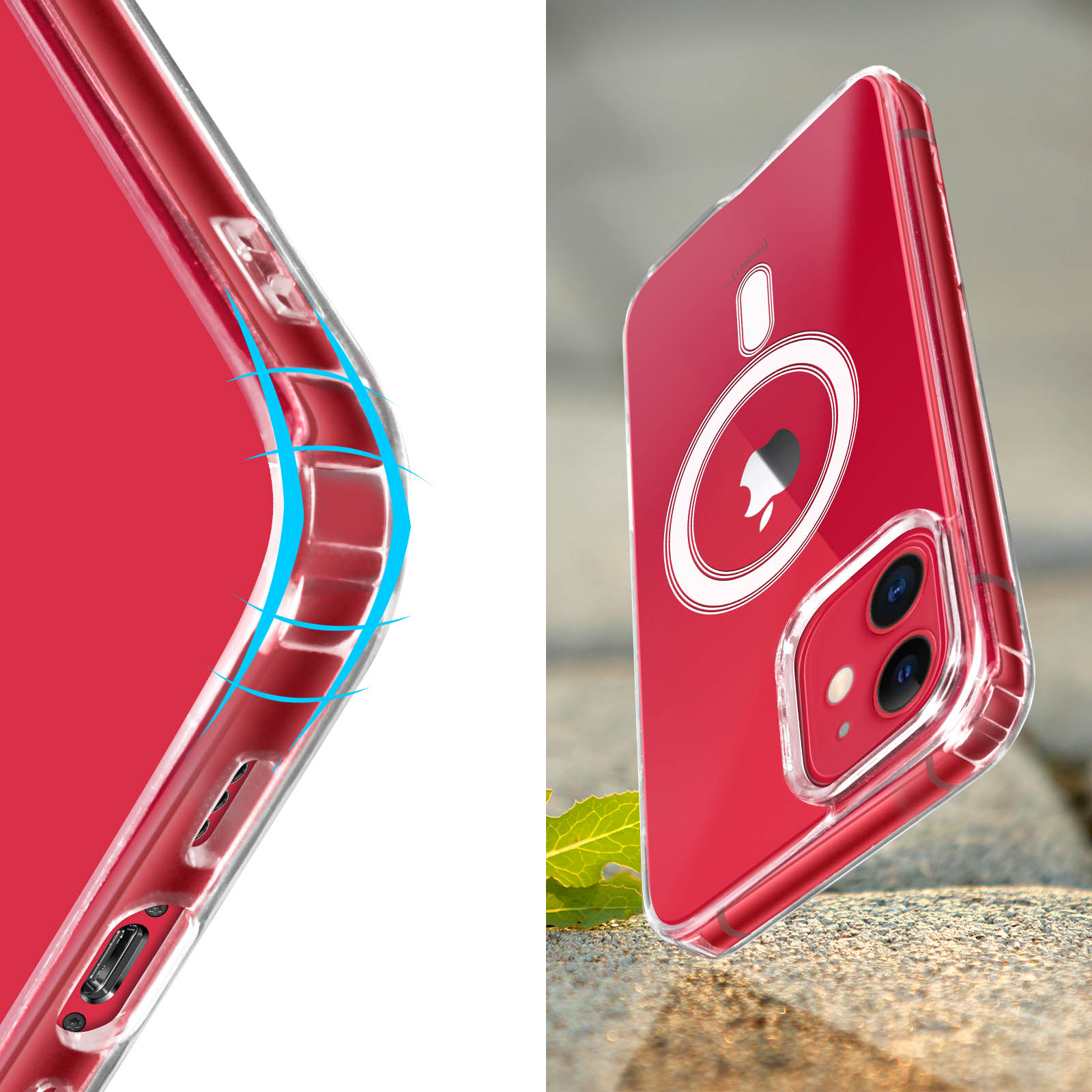 Ein rotes Telefon mit klarer Hülle. Die Hülle hat einen Kreis auf der Rückseite.