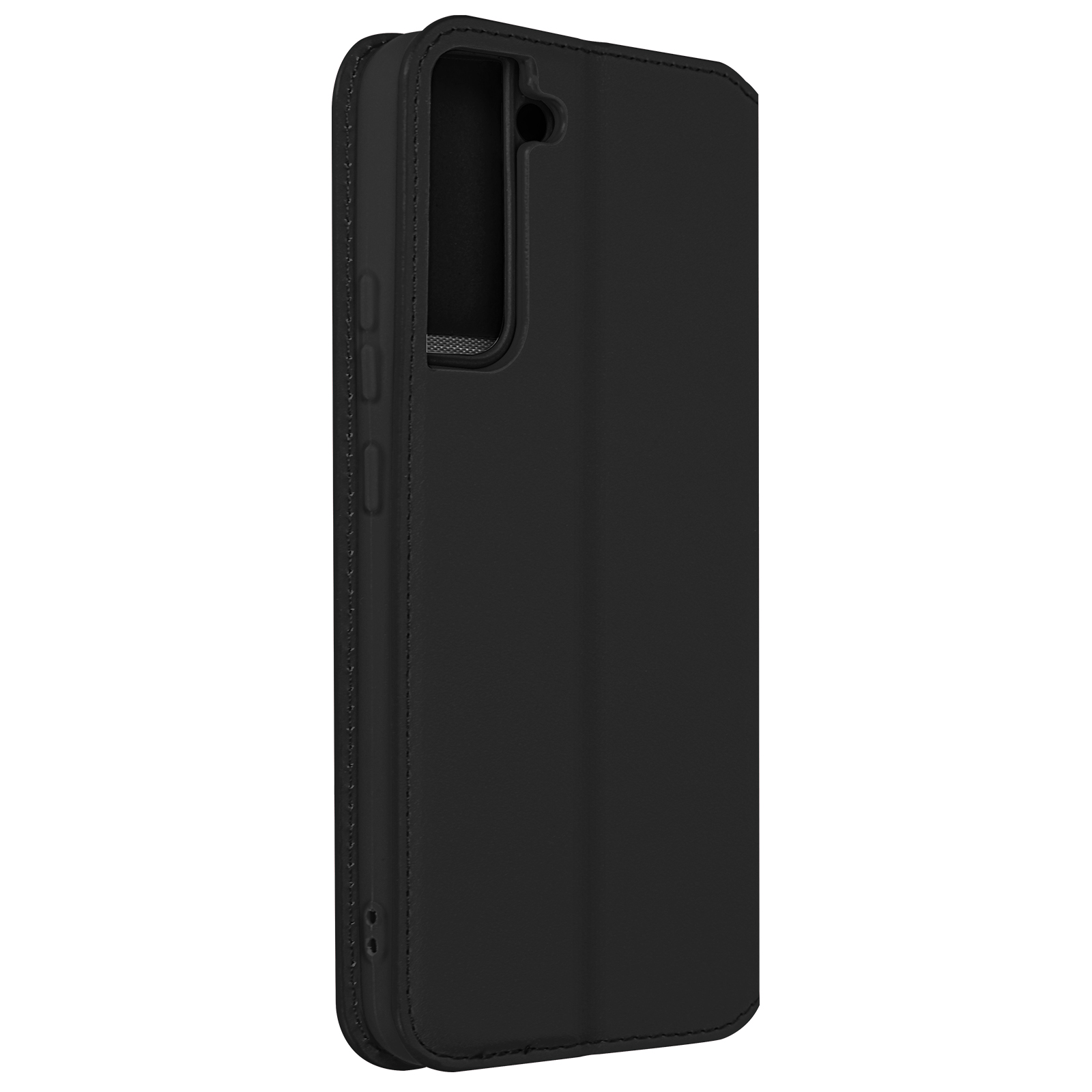 Étui de téléphone noir, fermé, avec un bord cousu, sur fond blanc.