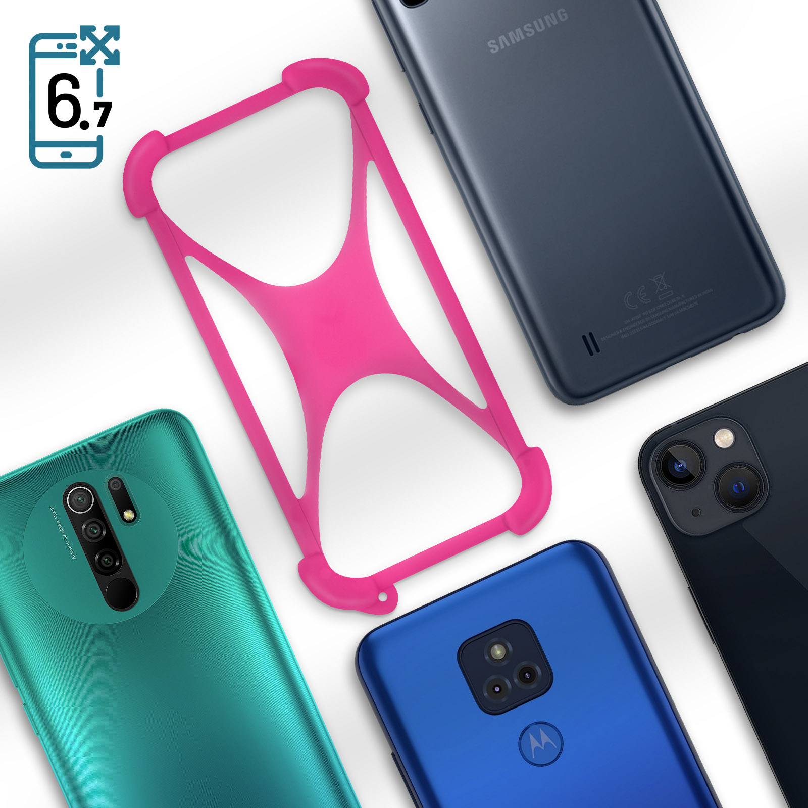 Cinque telefoni e una cornice rosa per telefono su una superficie bianca. I telefoni sono verdi, blu e neri.