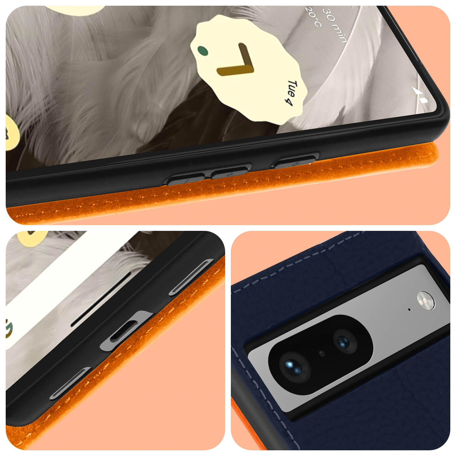 Un primo piano di un telefono con custodia arancione e pulsanti su sfondo beige.