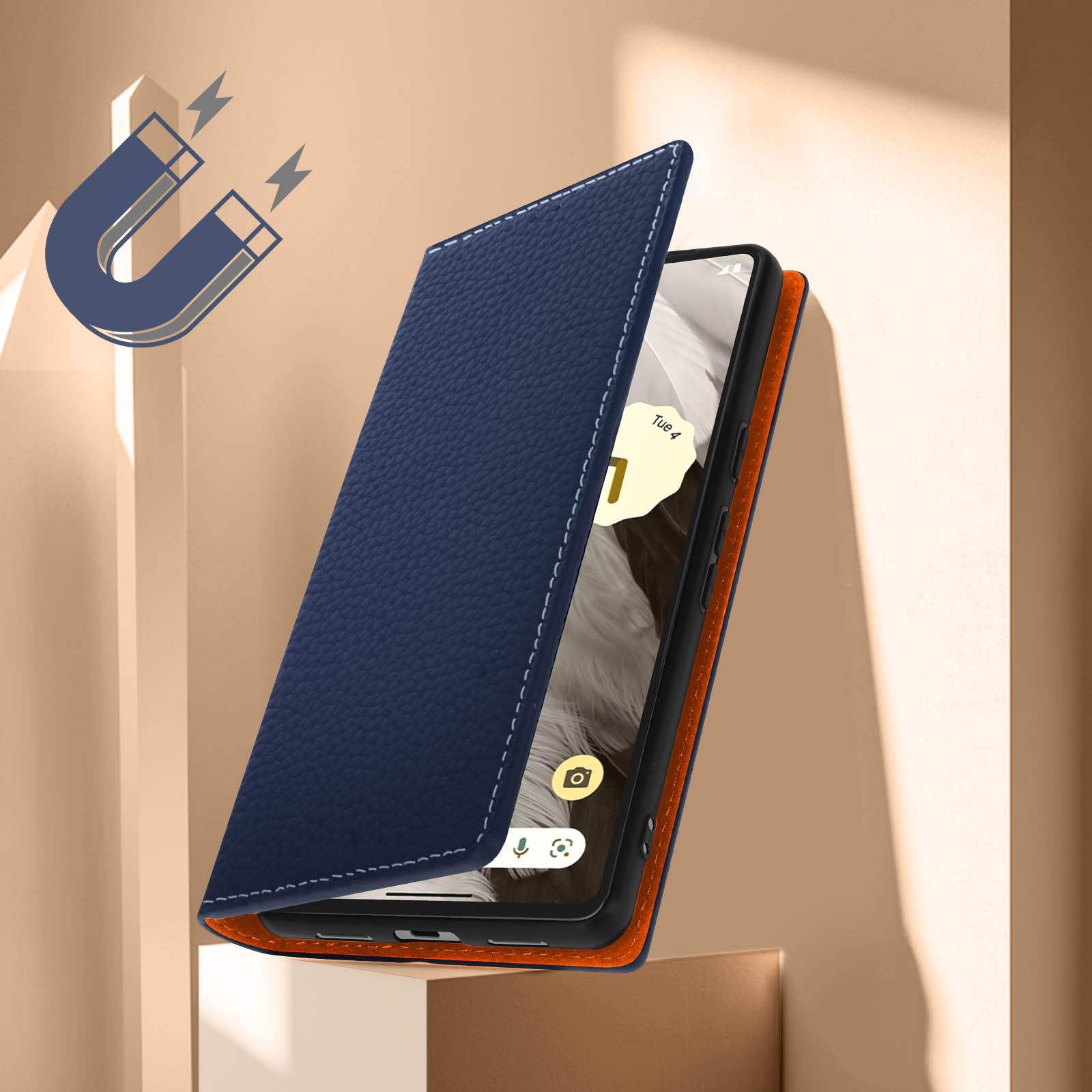 Un telefono dentro una custodia blu con icona magnetica e schermo. La custodia è aperta.