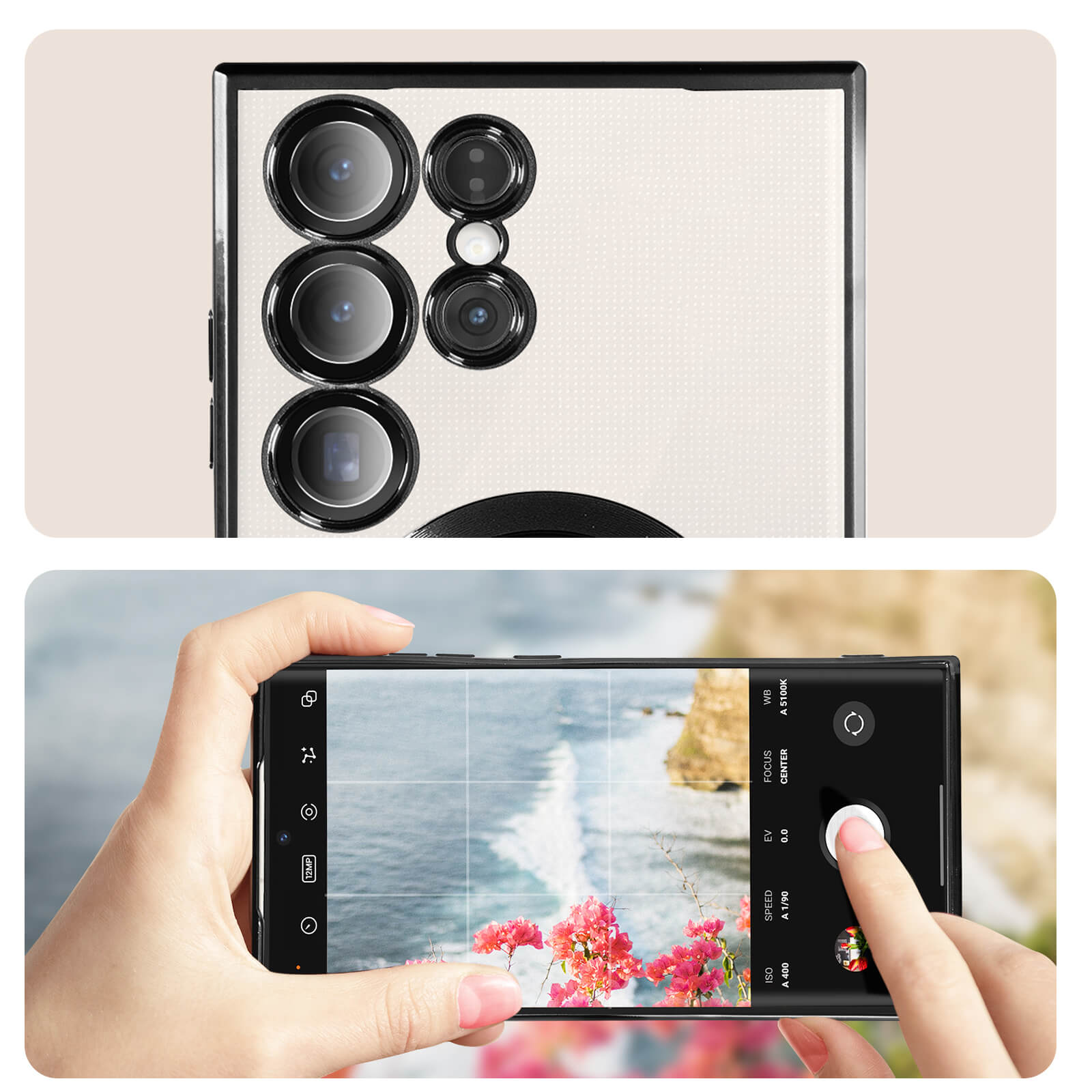 Twee afbeeldingen. Boven: Close-up van telefooncamera's. Onder: Hand die een foto maakt van bloemen op het strand.